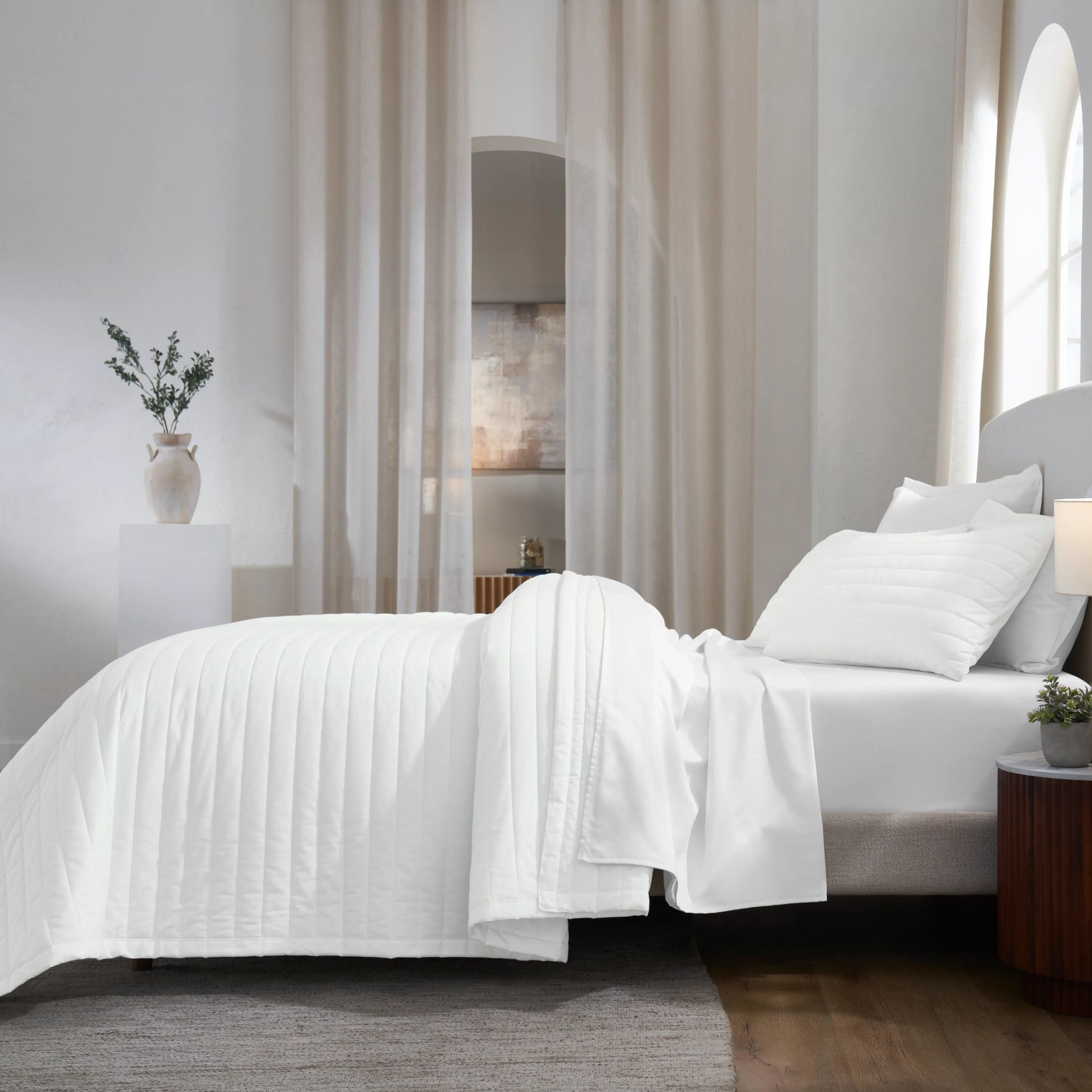 Straight Quilted Solid 200 TC 100% Cotton Percale Optical White King Bed Cover Set | Nuvola