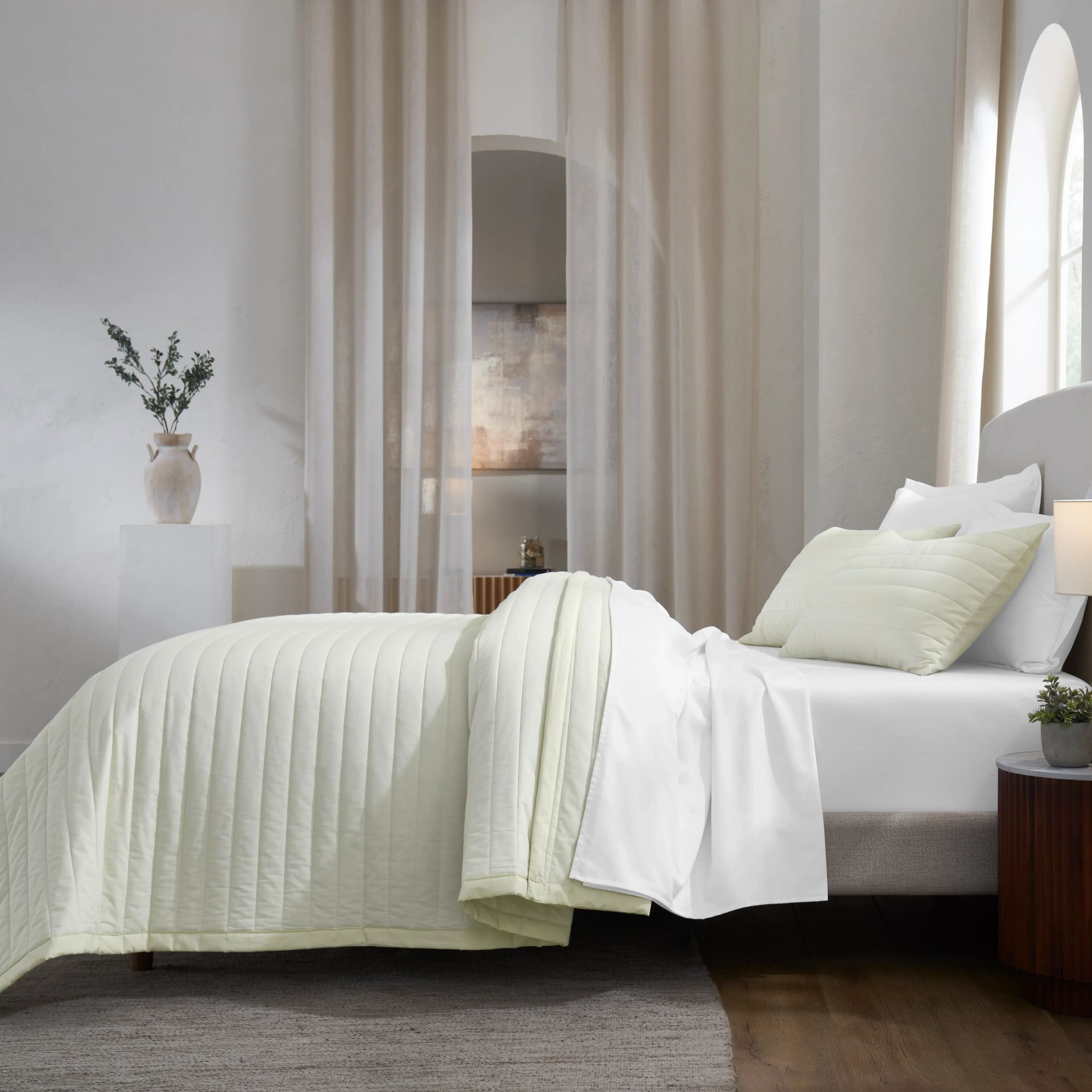 Straight Quilted Solid 200 TC 100% Cotton Percale Ivory King Bed Cover Set | Nuvola