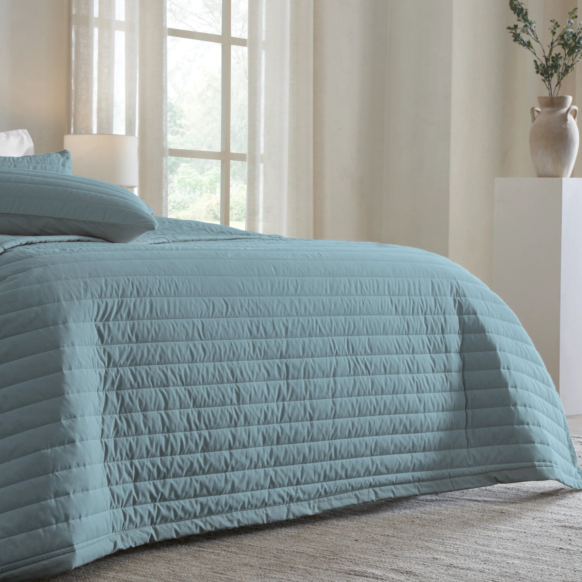 Straight Quilted Solid 200 TC 100% Cotton Percale French Blue King Bed Cover Set | Nuvola