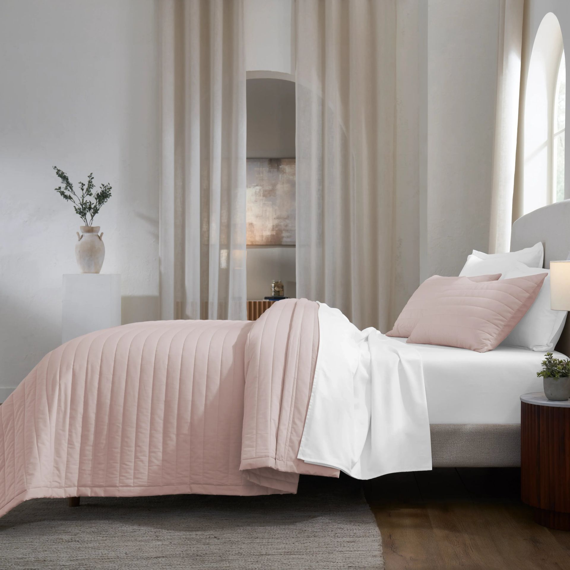 Straight Quilted Solid 200 TC 100% Cotton Percale Sepia Rose King Bed Cover Set | Nuvola