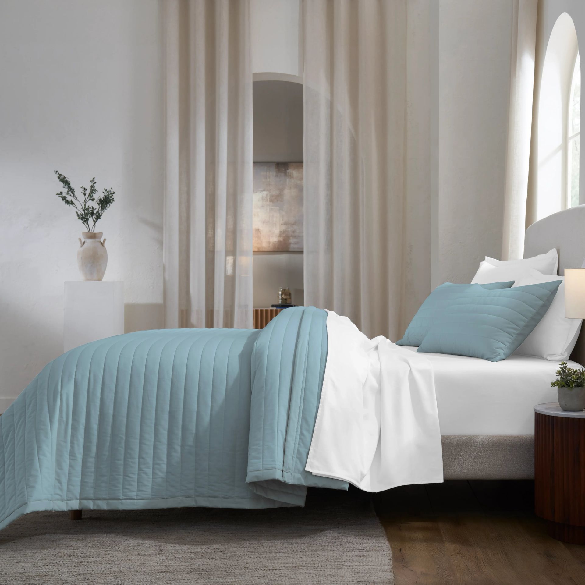 Straight Quilted Solid 200 TC 100% Cotton Percale Estate Blue King Bed Cover Set | Nuvola