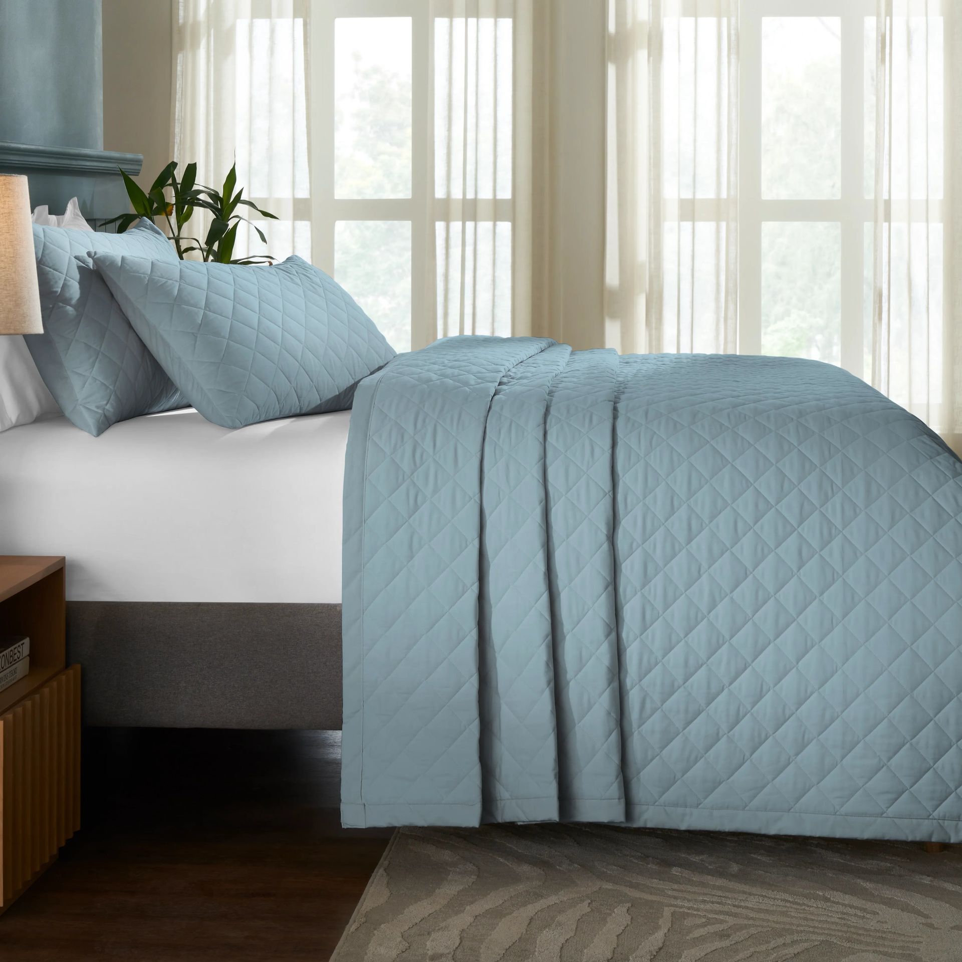 Diamond Quilted Solid 200 TC 100% Cotton Percale French Blue King Bed Cover Set | Nuvola