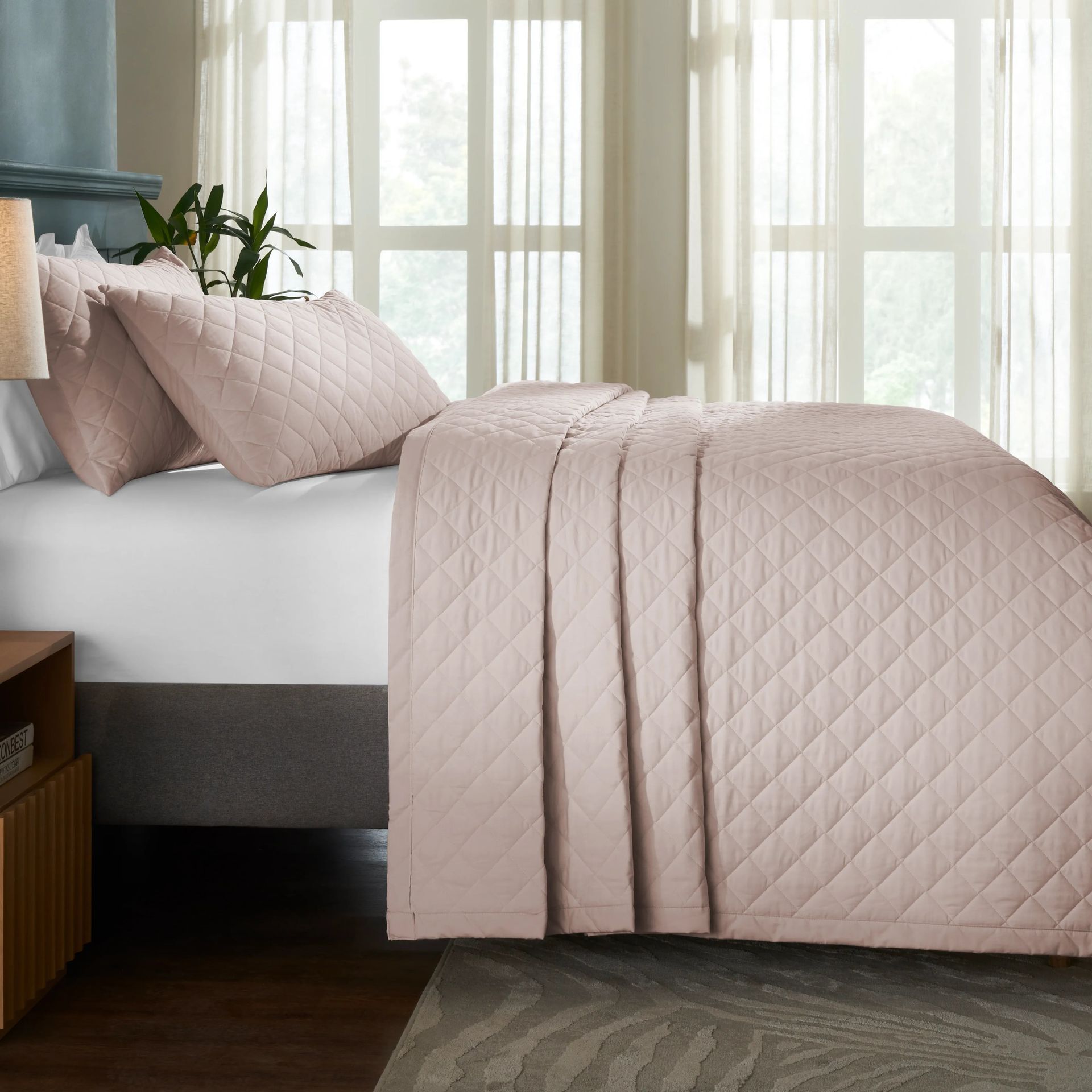 Diamond Quilted Solid 200 TC 100% Cotton Percale Sepia Rose King Bed Cover Set | Nuvola