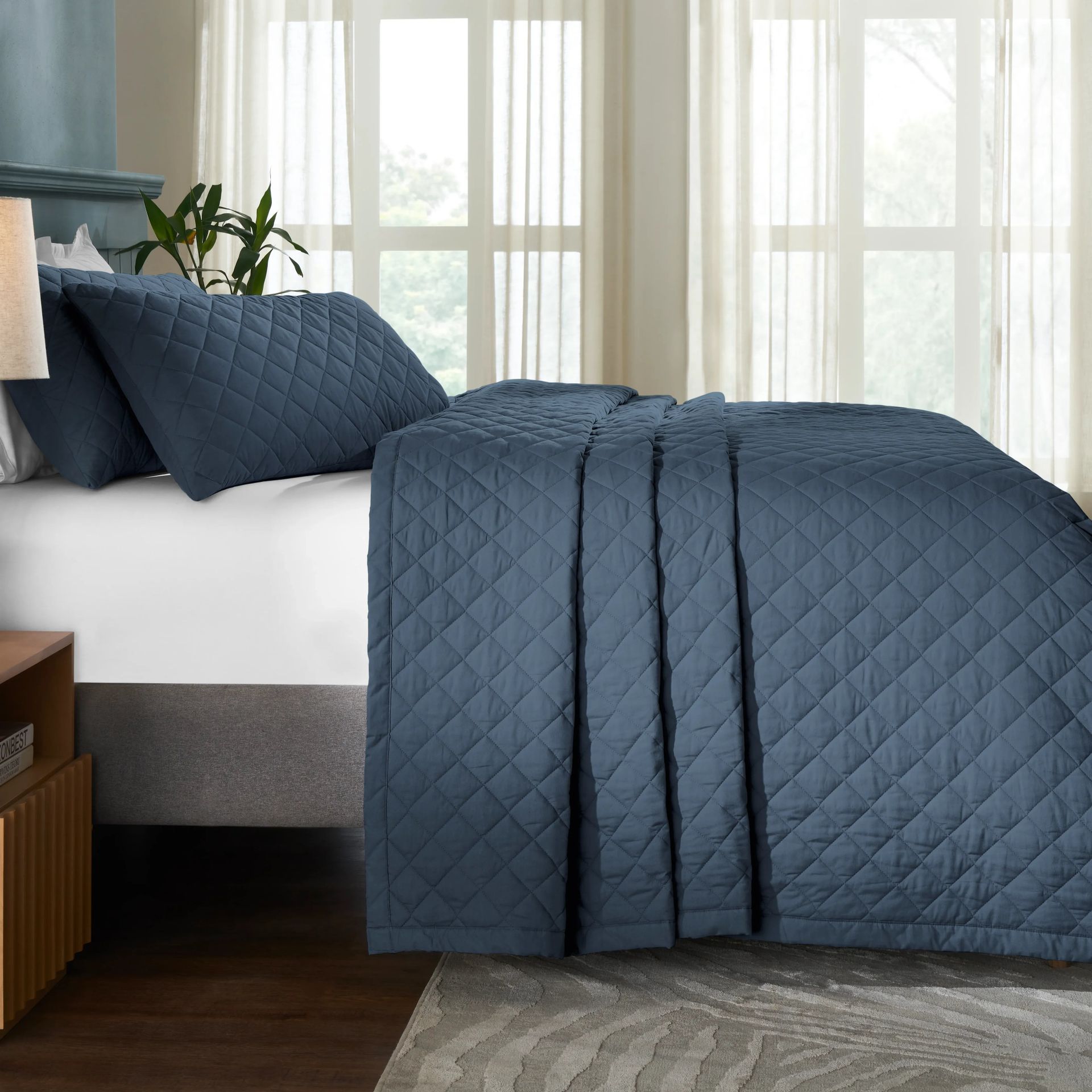Diamond Quilted Solid 200 TC 100% Cotton Percale Estate Blue King Bed Cover Set | Nuvola
