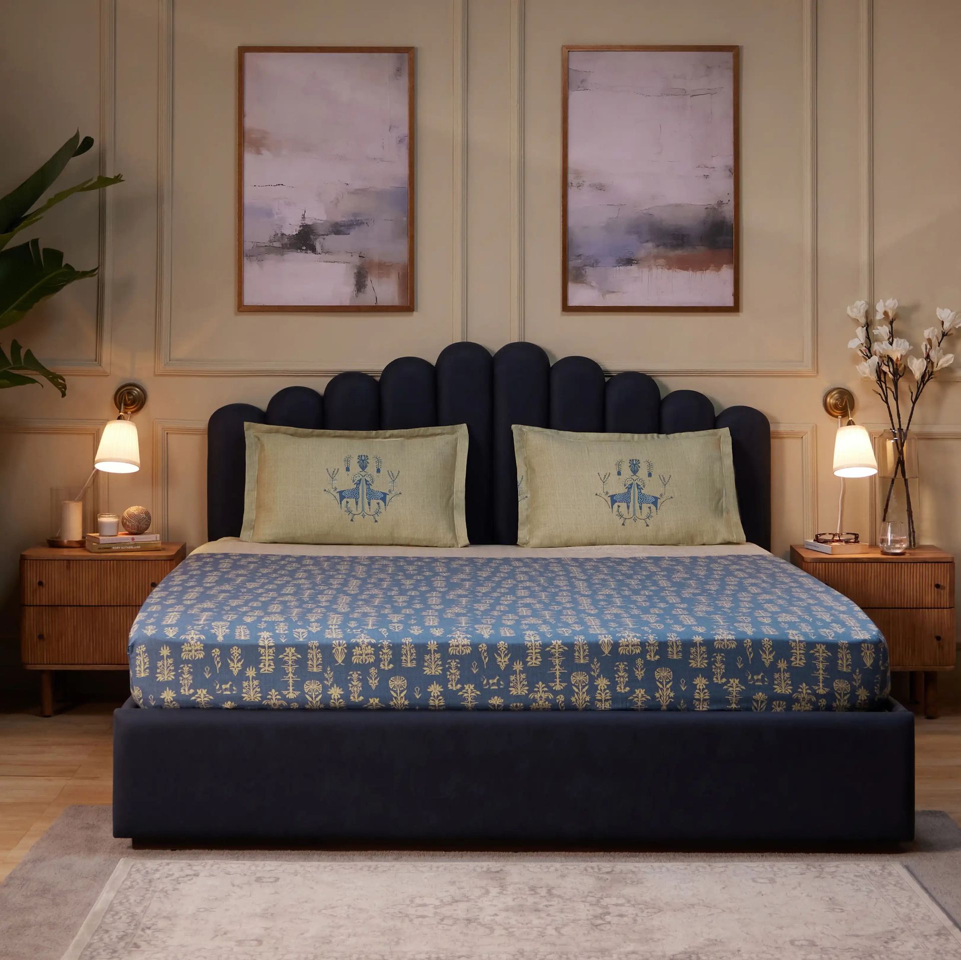Ethnic 250 TC 100% Cotton Dark Blue King Fitted Sheet Set | Fergana