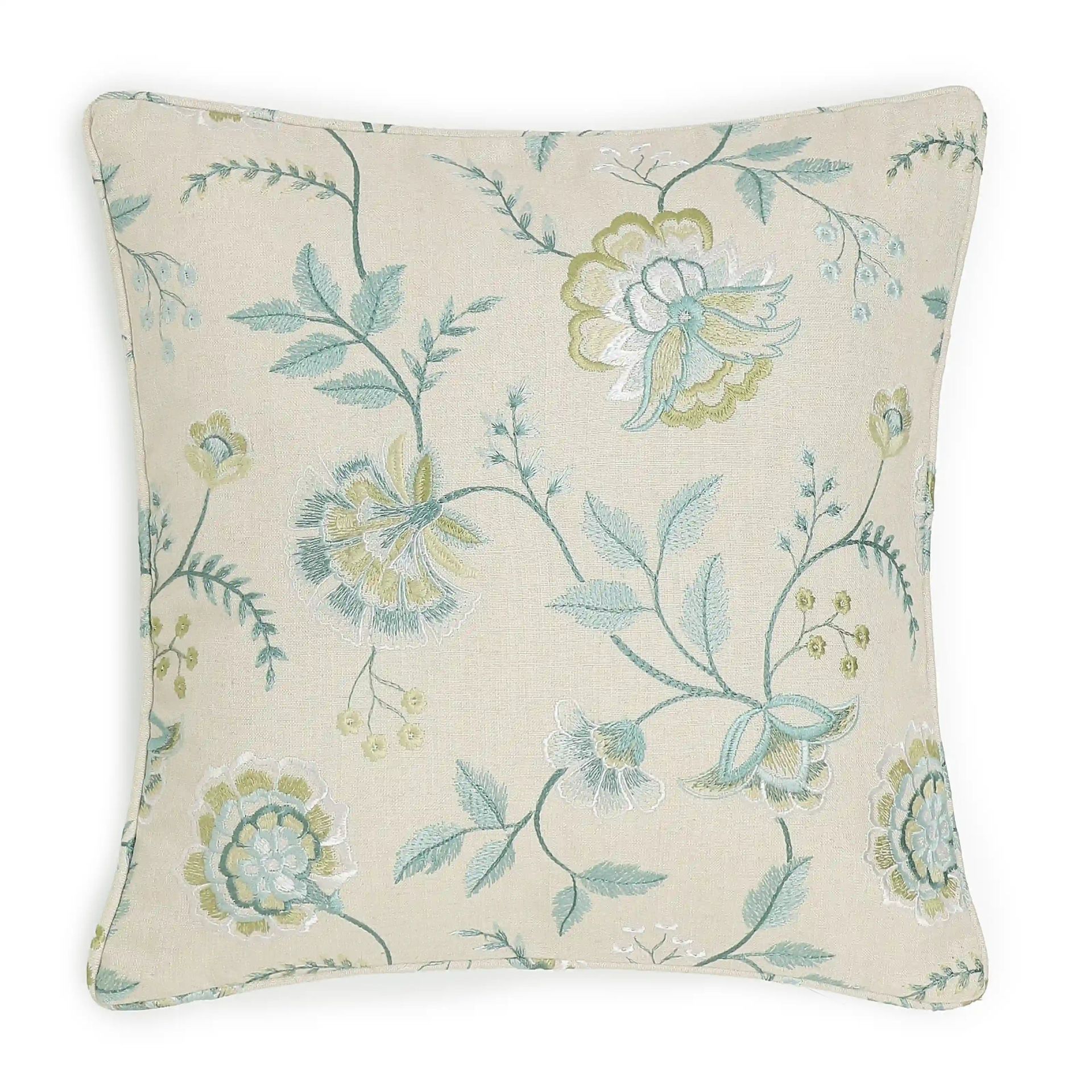 Floral Viscose Linen Blend Frosty Teal Cushion Cover | Estrella