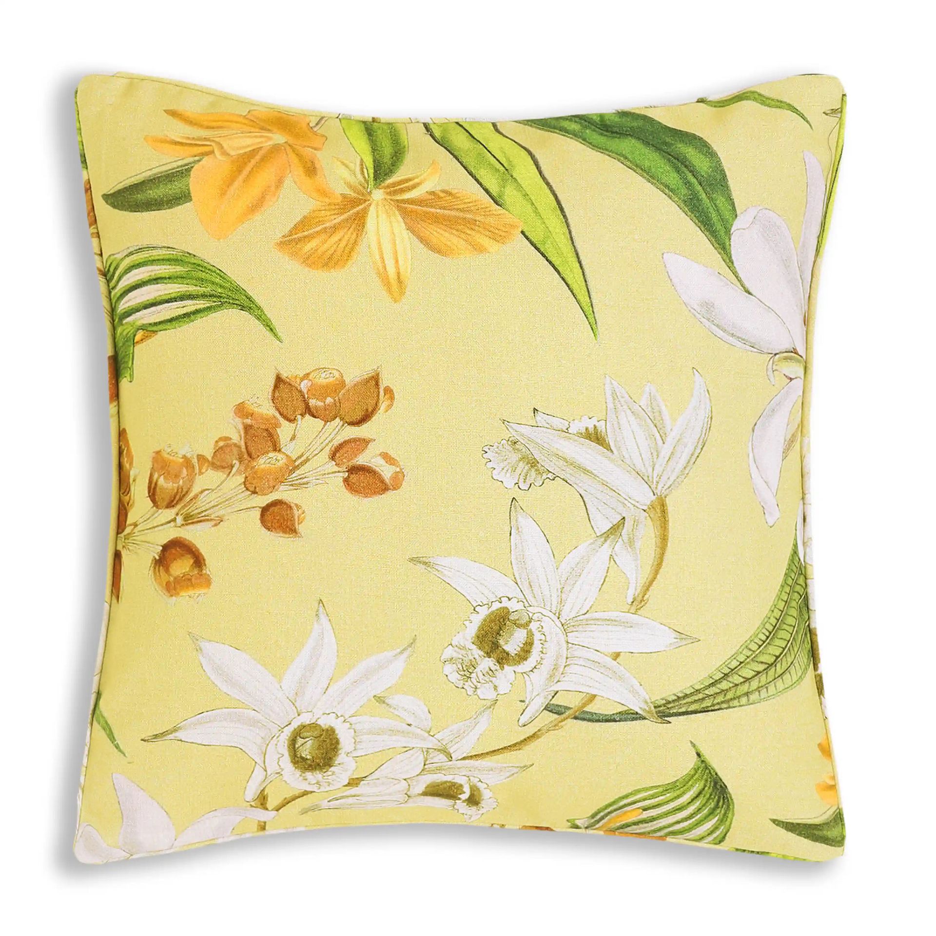 Floral Viscose Linen Blend Light Yellow Cushion Cover | Espricia