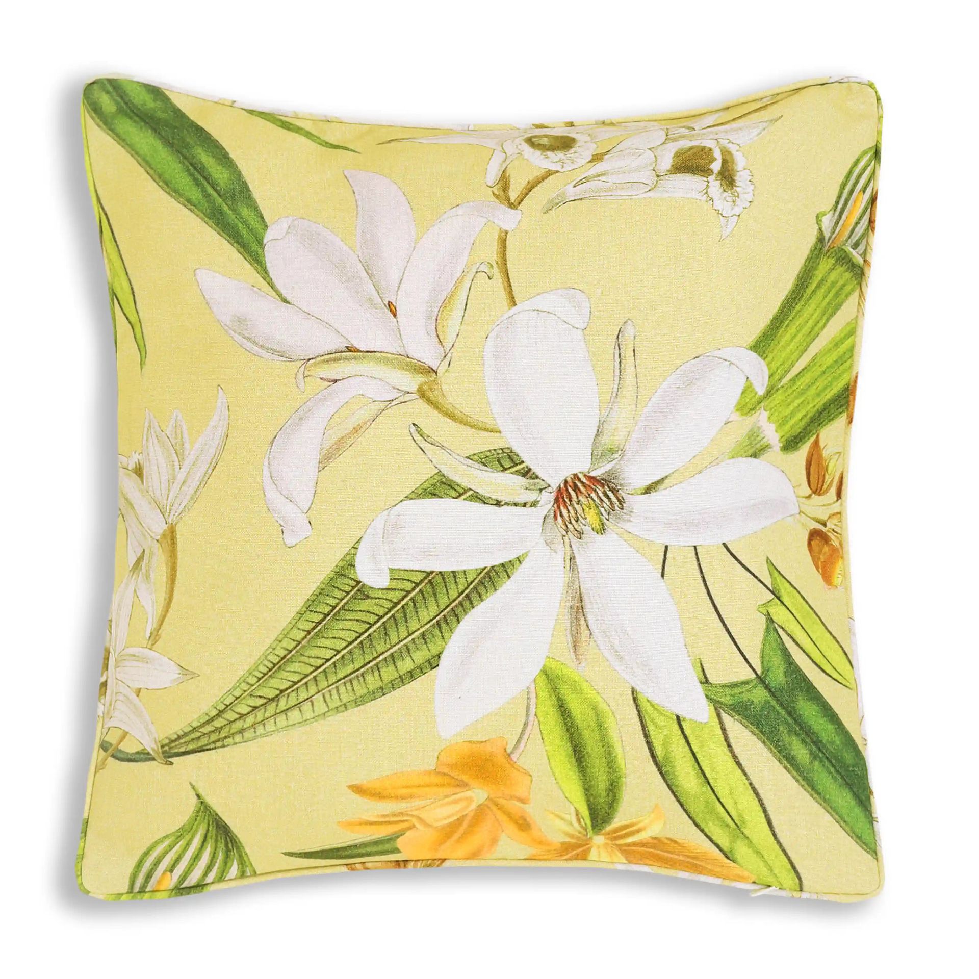 Floral Viscose Linen Blend Light Yellow Cushion Cover | Espricia