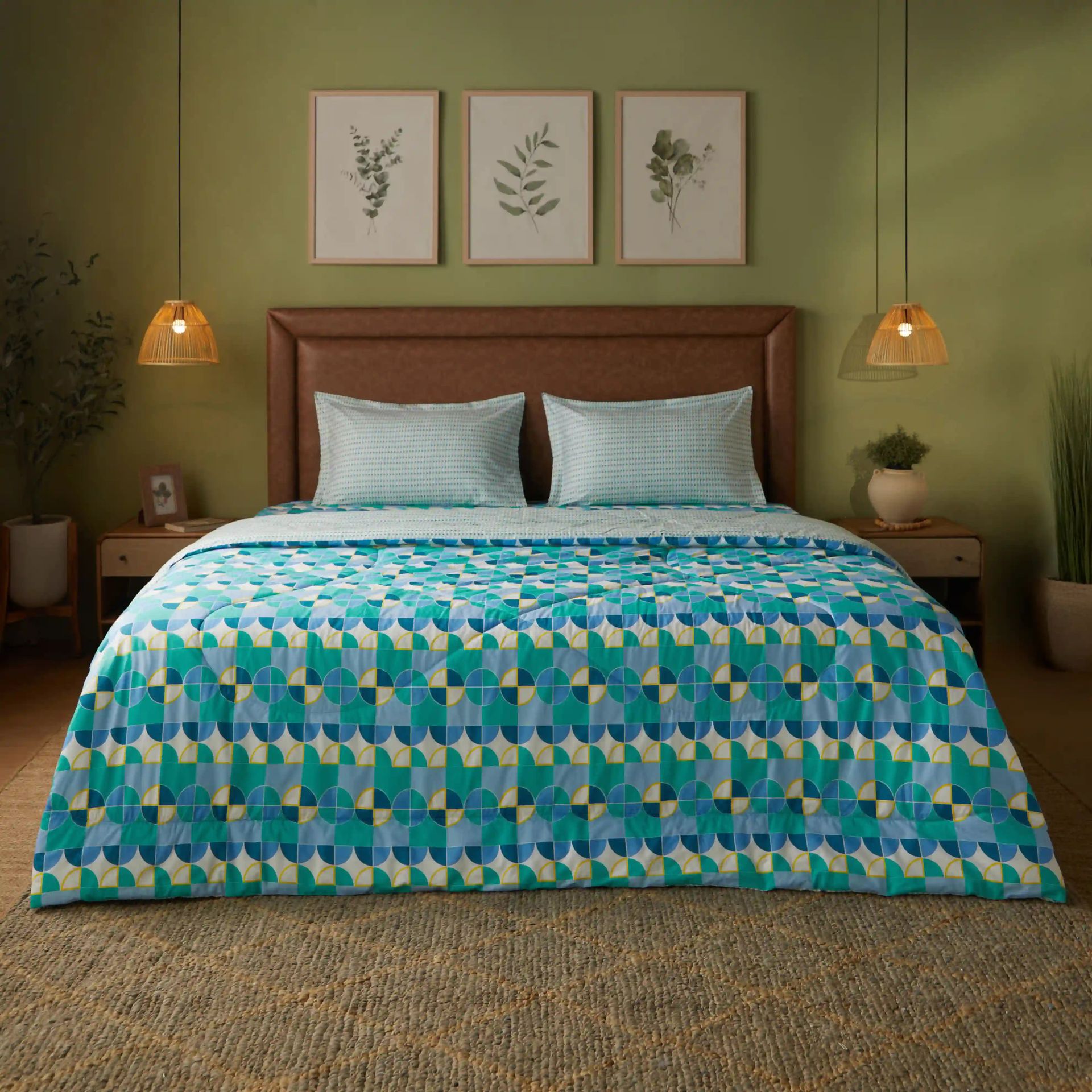Geometric 144 GSM 100% Cotton Orbit Teal Double Comforter | Mishella