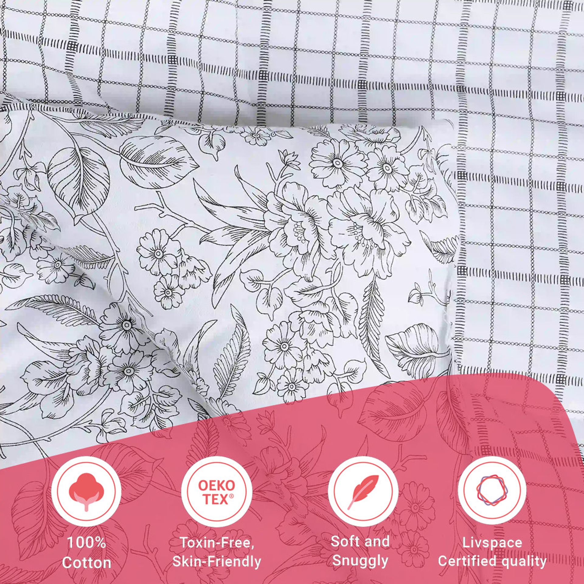 Floral Geometric 144 GSM 100% Cotton Charcoal Checks Double Comforter | Mishella