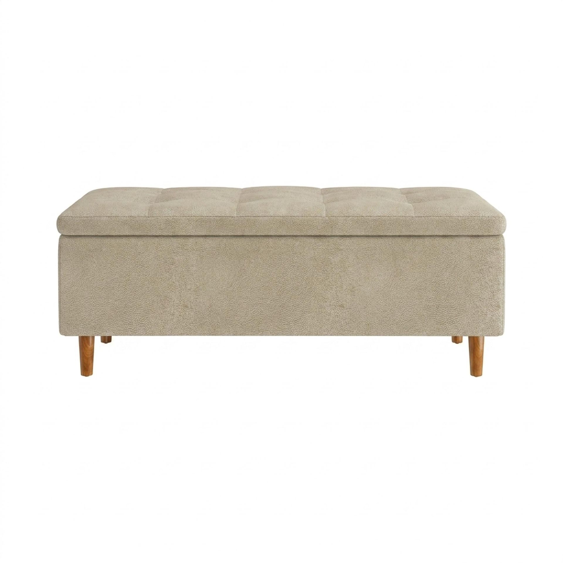 Hayden Home Premium Classic Tufted Hideaway Bench, Warm Cedar Legs, Essential Sand Upholstery