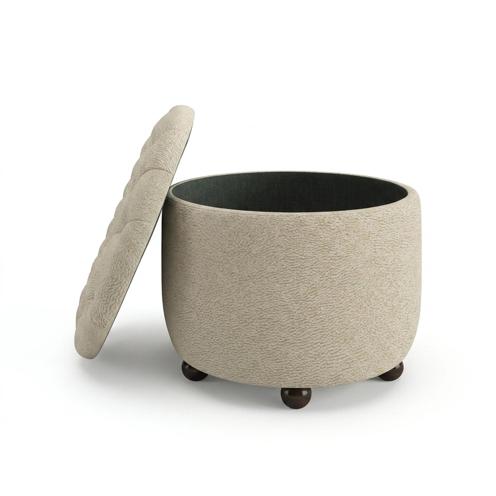 Hayden Home Premium Classic Tufted Hideaway Pouf, Coco Walnut Legs, Essential Sand Upholstery