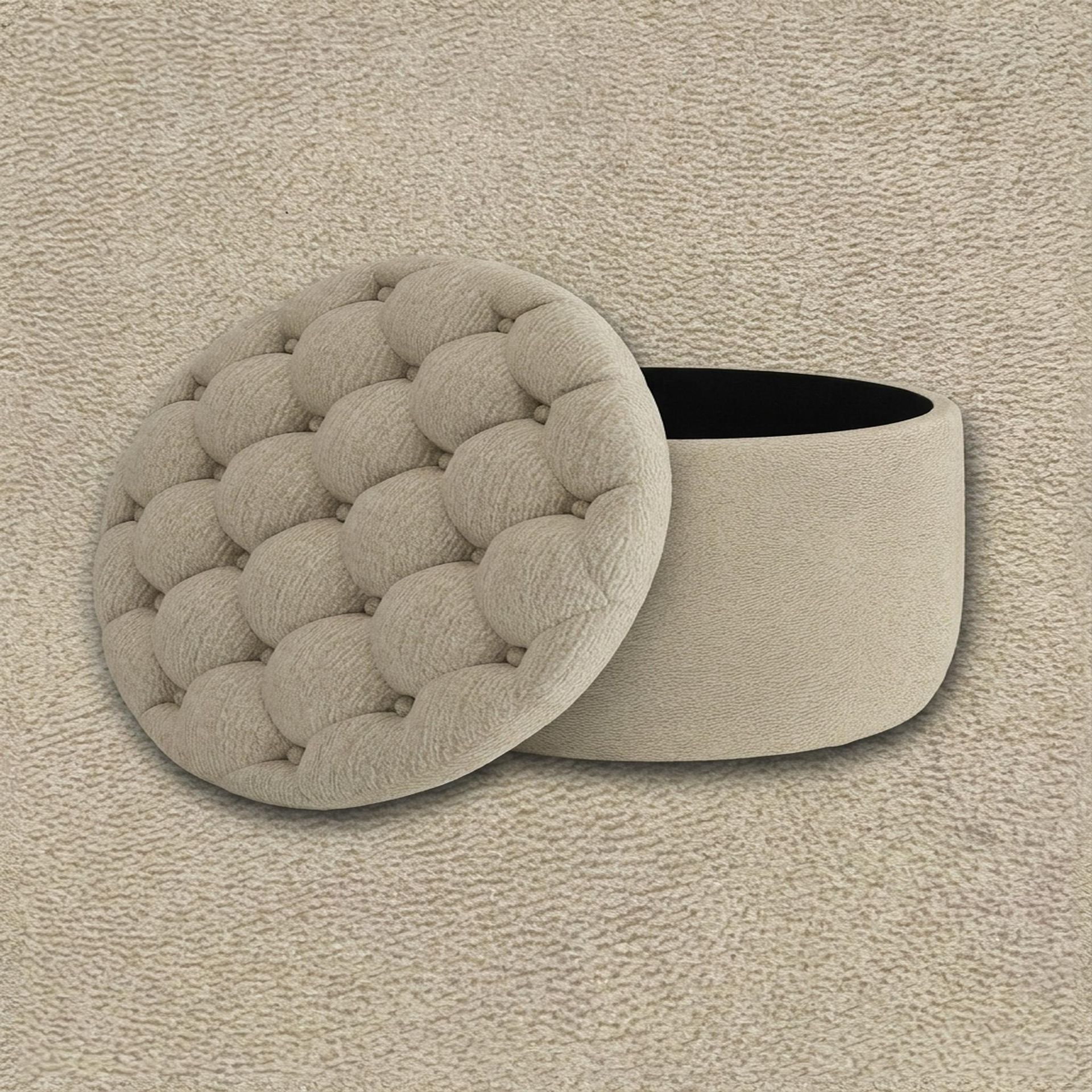 Hayden Home Premium Classic Tufted Hideaway Pouf, Coco Walnut Legs, Essential Sand Upholstery