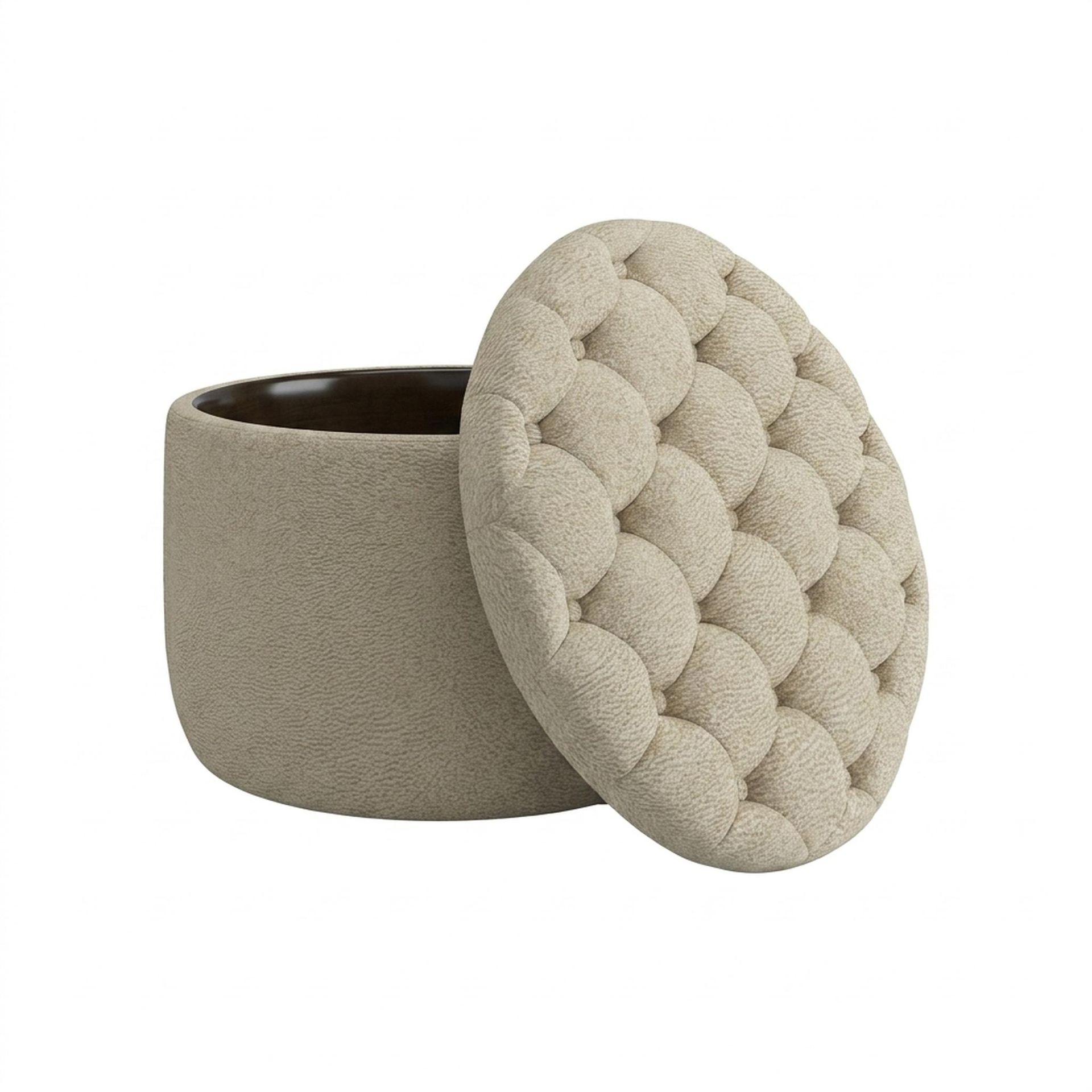 Hayden Home Premium Classic Tufted Hideaway Pouf, Coco Walnut Legs, Essential Sand Upholstery
