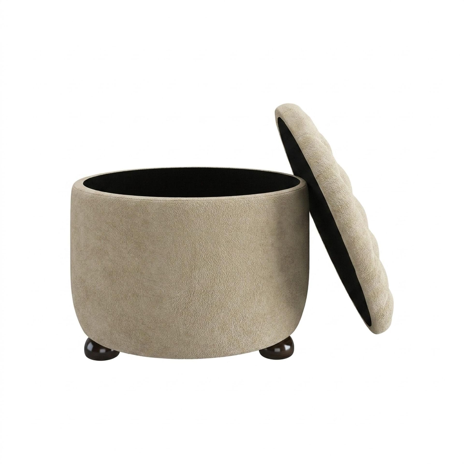 Hayden Home Premium Classic Tufted Hideaway Pouf, Coco Walnut Legs, Essential Sand Upholstery