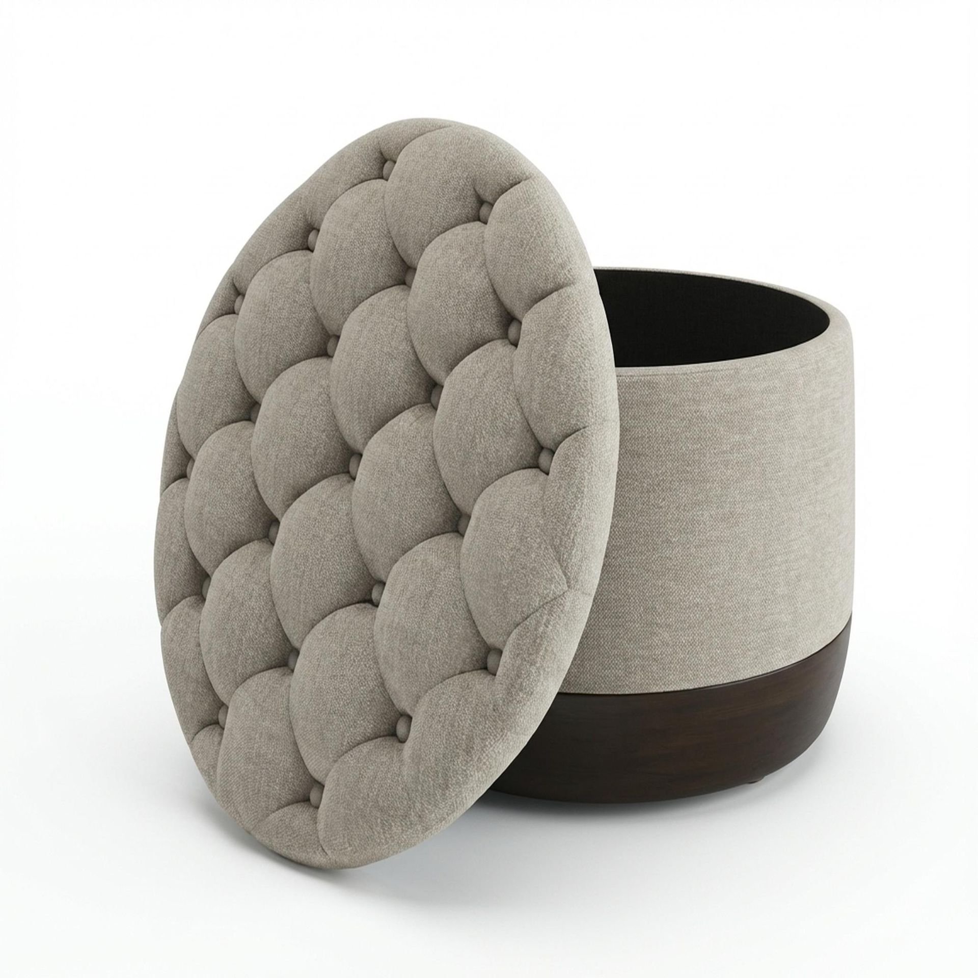 Hayden Home Premium Classic Tufted Hideaway Pouf, Coco Walnut Legs, Essential Bone Upholstery