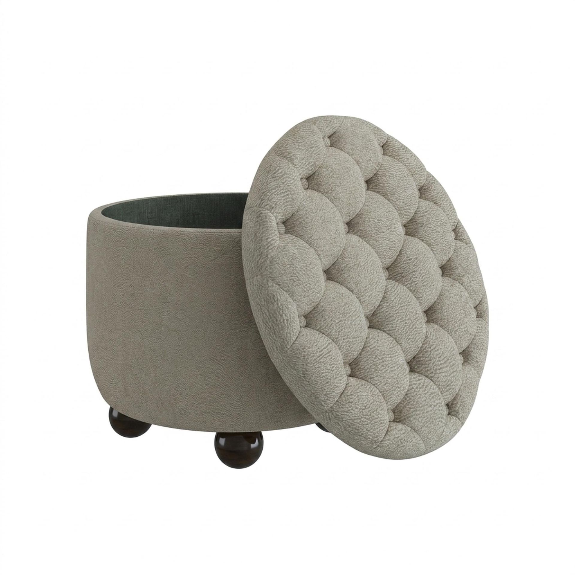Hayden Home Premium Classic Tufted Hideaway Pouf, Coco Walnut Legs, Essential Bone Upholstery