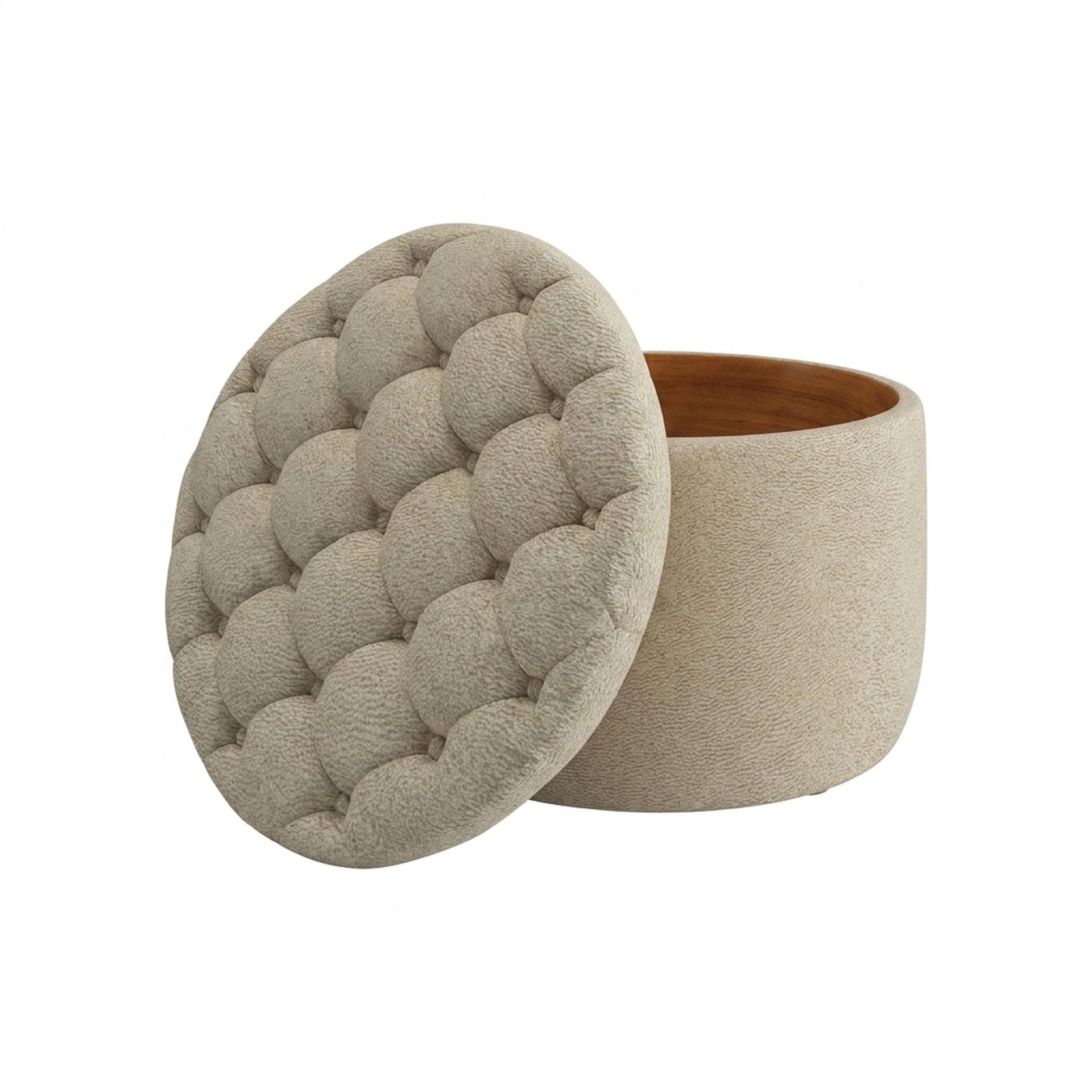 Hayden Home Premium Classic Tufted Hideaway Pouf, Warm Cedar Legs, Essential Sand Upholstery