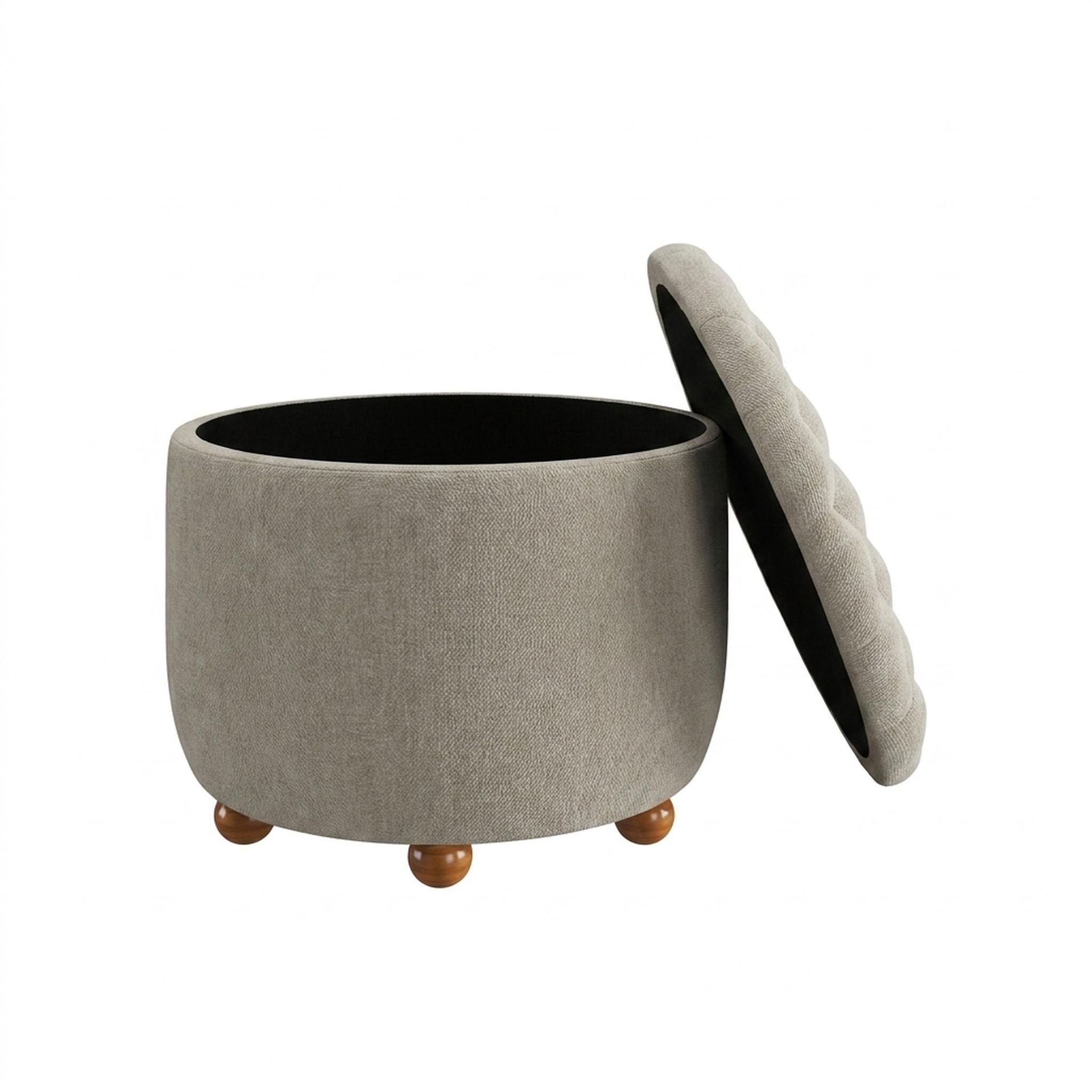 Hayden Home Premium Classic Tufted Hideaway Pouf, Warm Cedar Legs, Essential Bone Upholstery