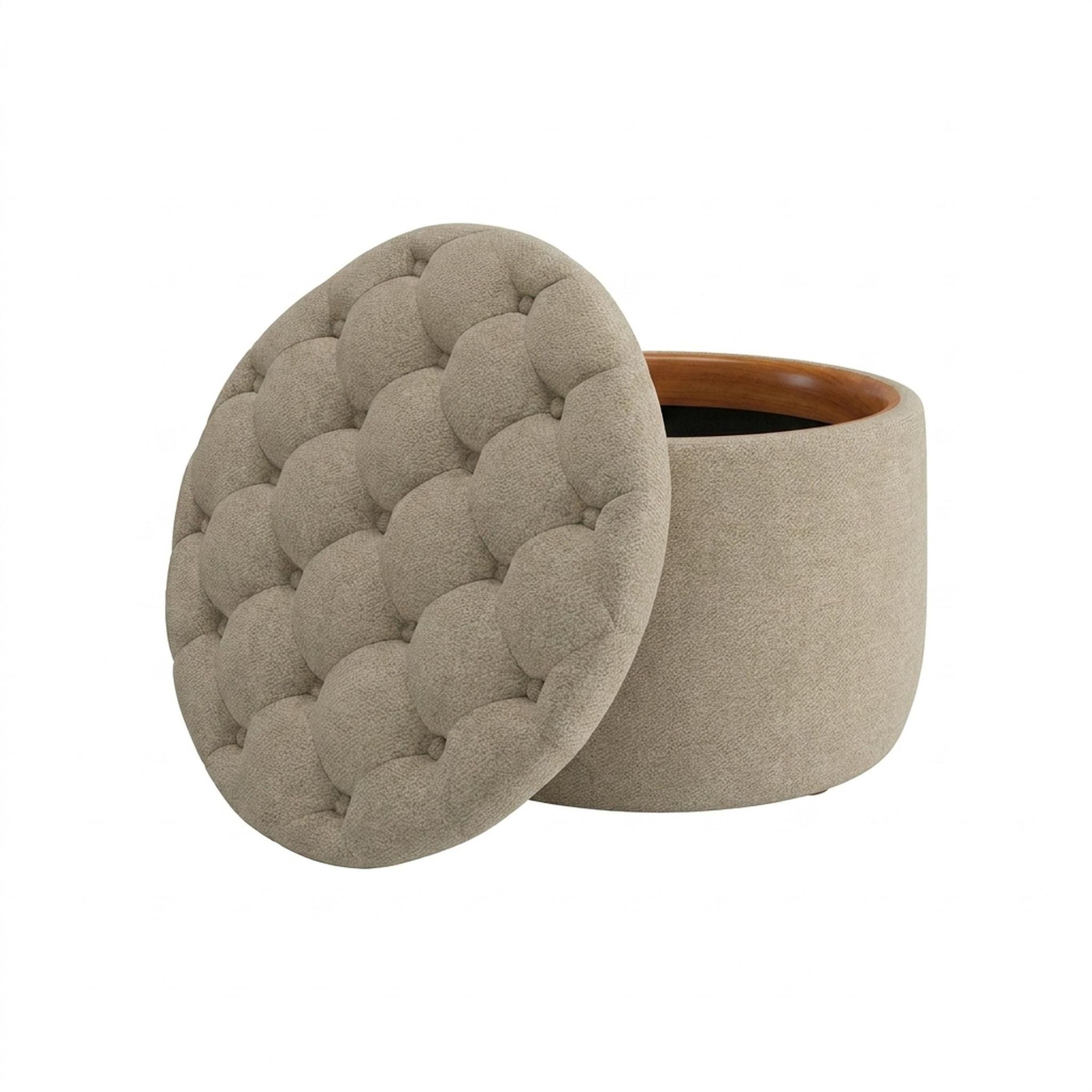 Hayden Home Premium Classic Tufted Hideaway Pouf, Warm Cedar Legs, Premium Alabaster Upholstery