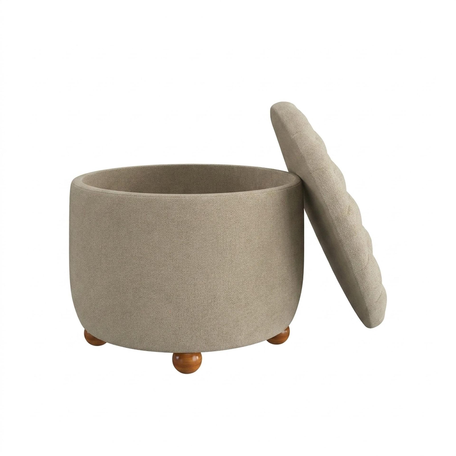 Hayden Home Premium Classic Tufted Hideaway Pouf, Warm Cedar Legs, Premium Alabaster Upholstery