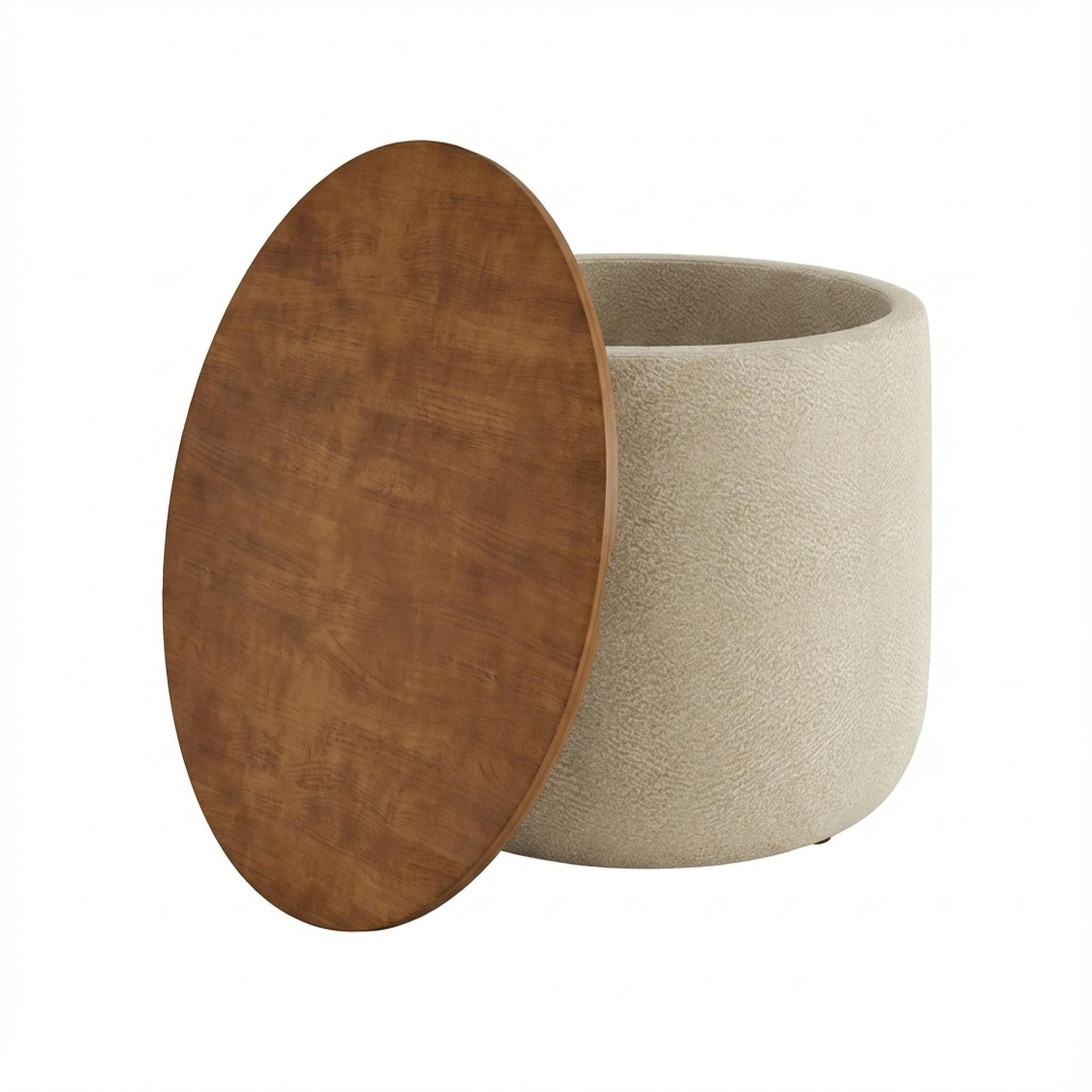 Hayden Home Premium Cozy Cuppa Pouf cum Coffee Table with Storage, Warm Cedar Legs, Essential Sand Upholstery