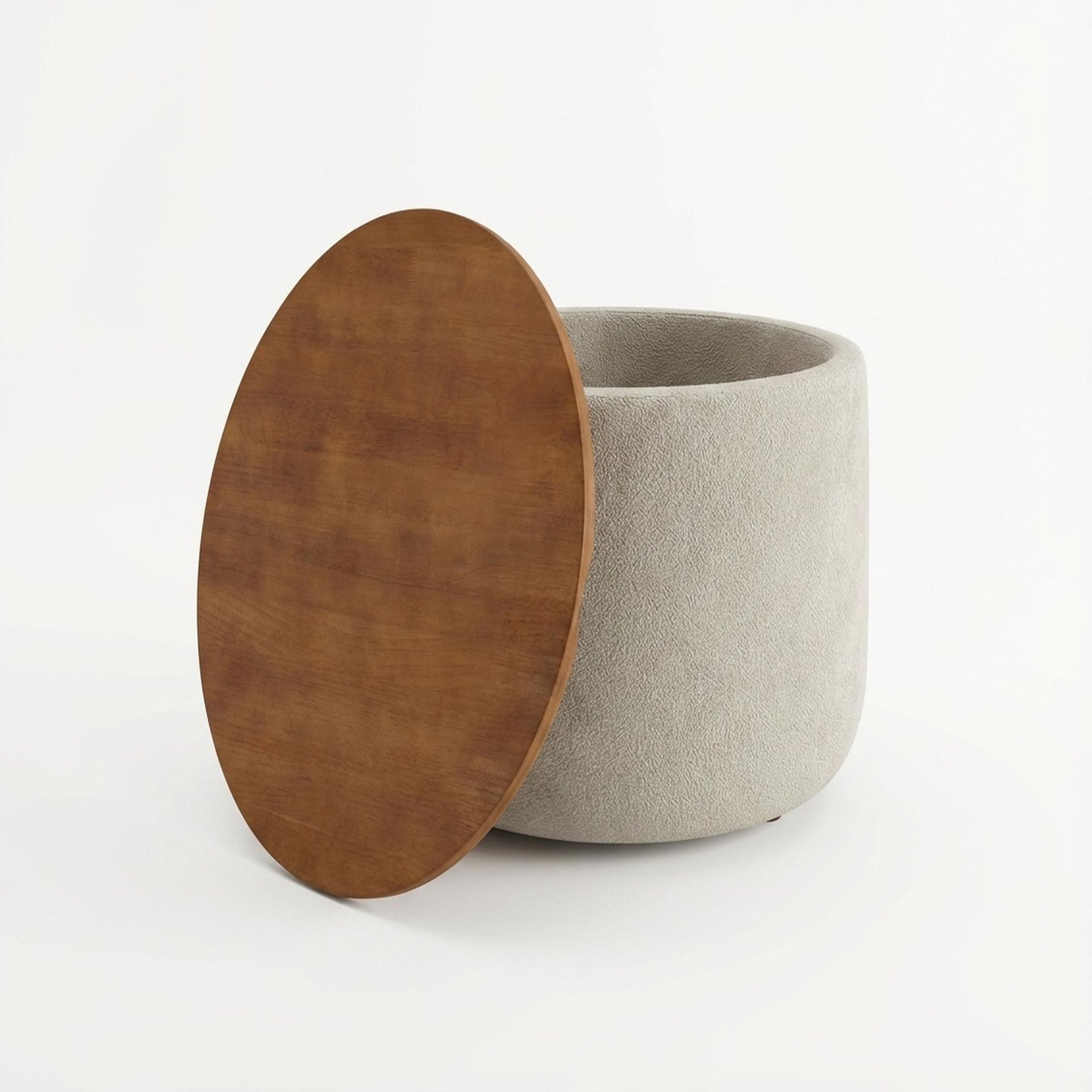 Hayden Home Premium Cozy Cuppa Pouf cum Coffee Table with Storage, Warm Cedar Legs, Essential Bone Upholstery