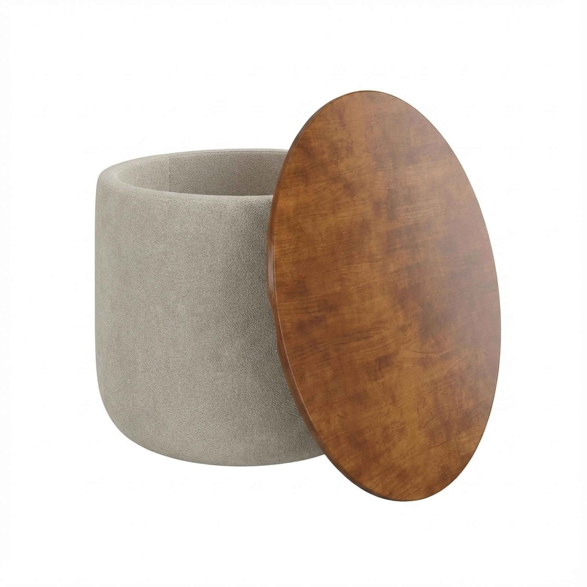 Hayden Home Premium Cozy Cuppa Pouf cum Coffee Table with Storage, Warm Cedar Legs, Essential Bone Upholstery