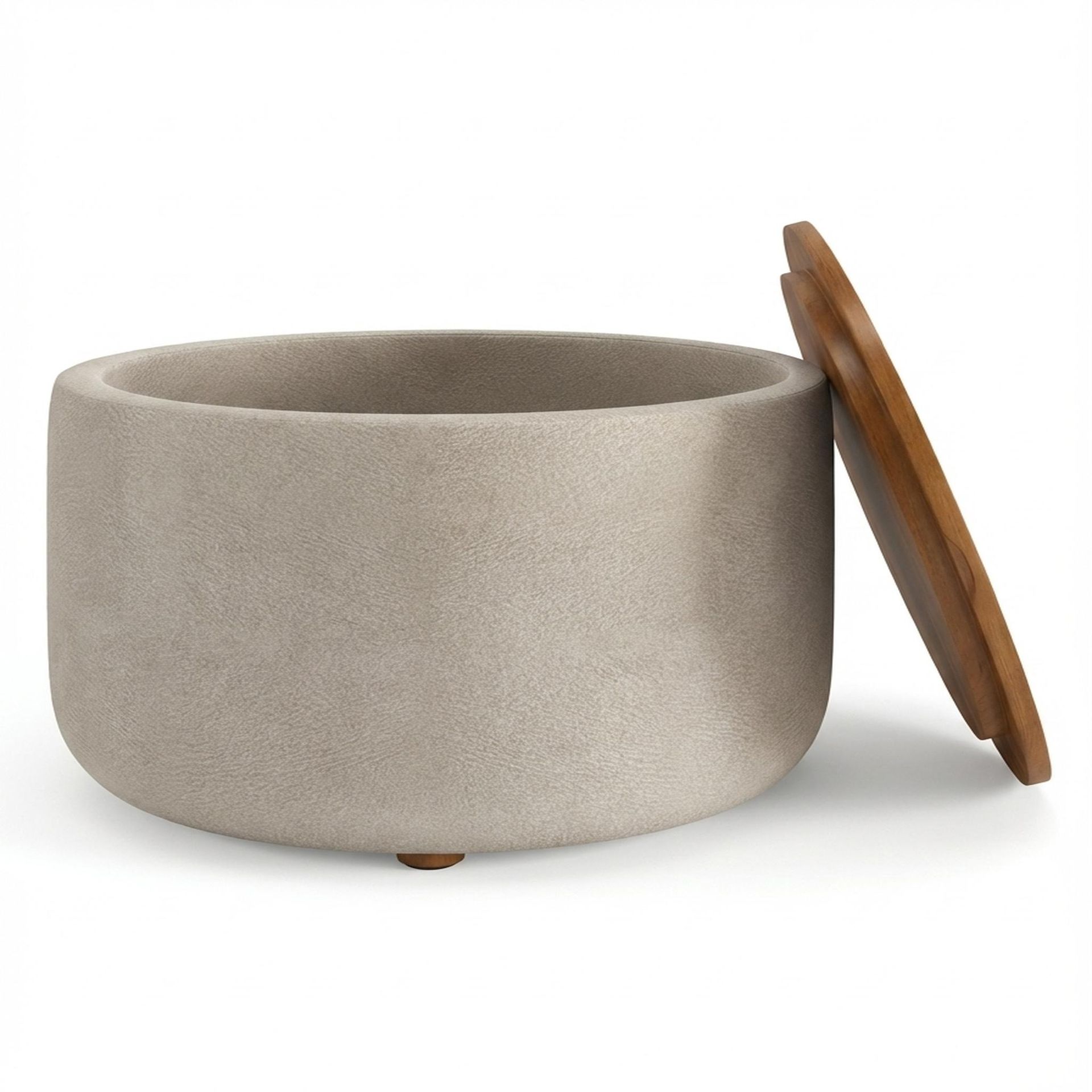 Hayden Home Premium Cozy Cuppa Pouf cum Coffee Table with Storage, Warm Cedar Legs, Essential Bone Upholstery