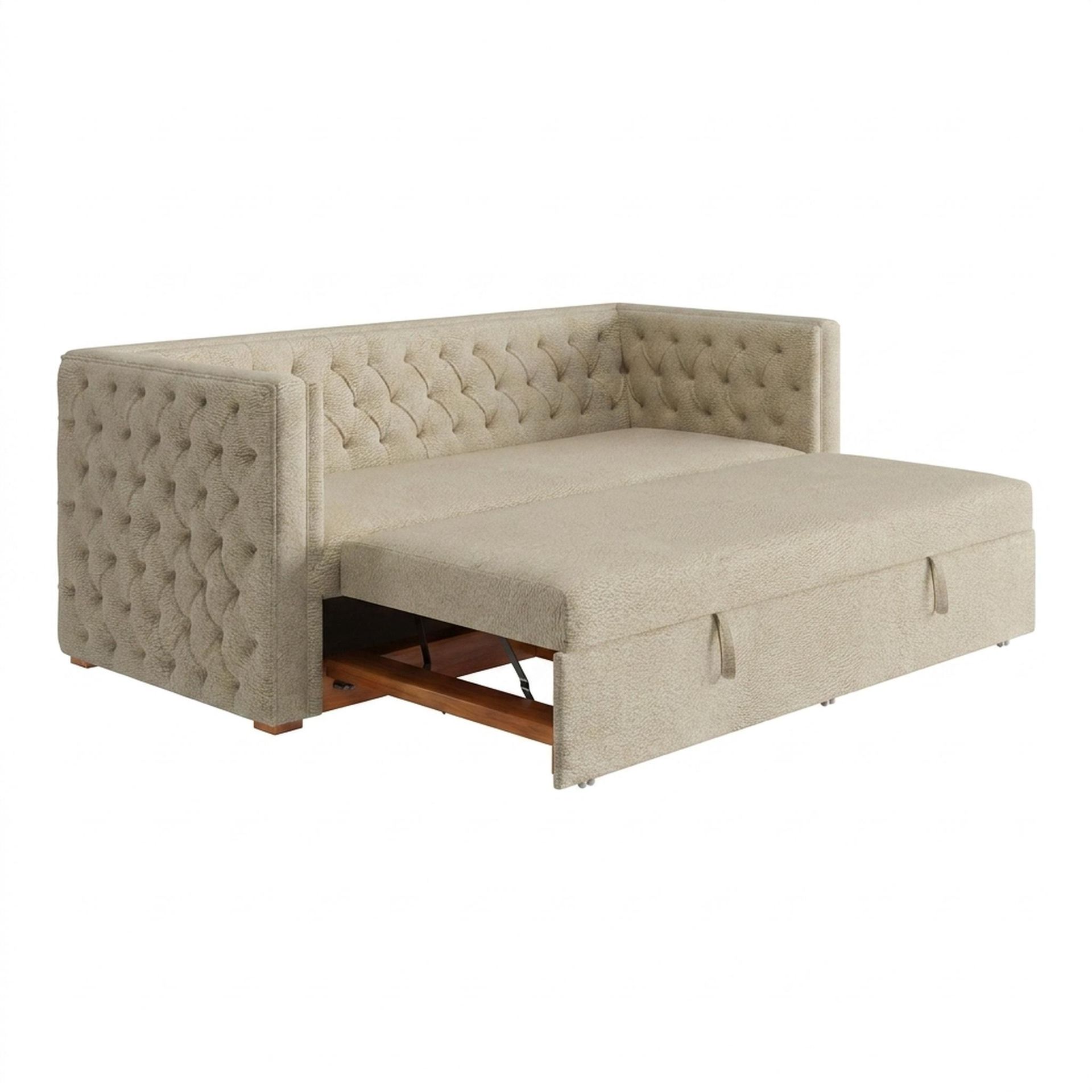 Hayden Home Premium Classic Chesterfield Sofa Bed, Warm Cedar Legs, Essential Sand Upholstery