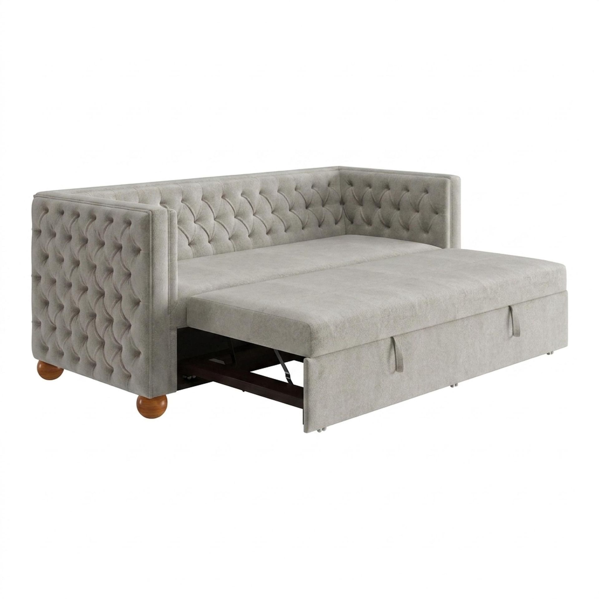 Hayden Home Premium Classic Chesterfield Sofa Bed, Warm Cedar Legs, Essential Bone Upholstery