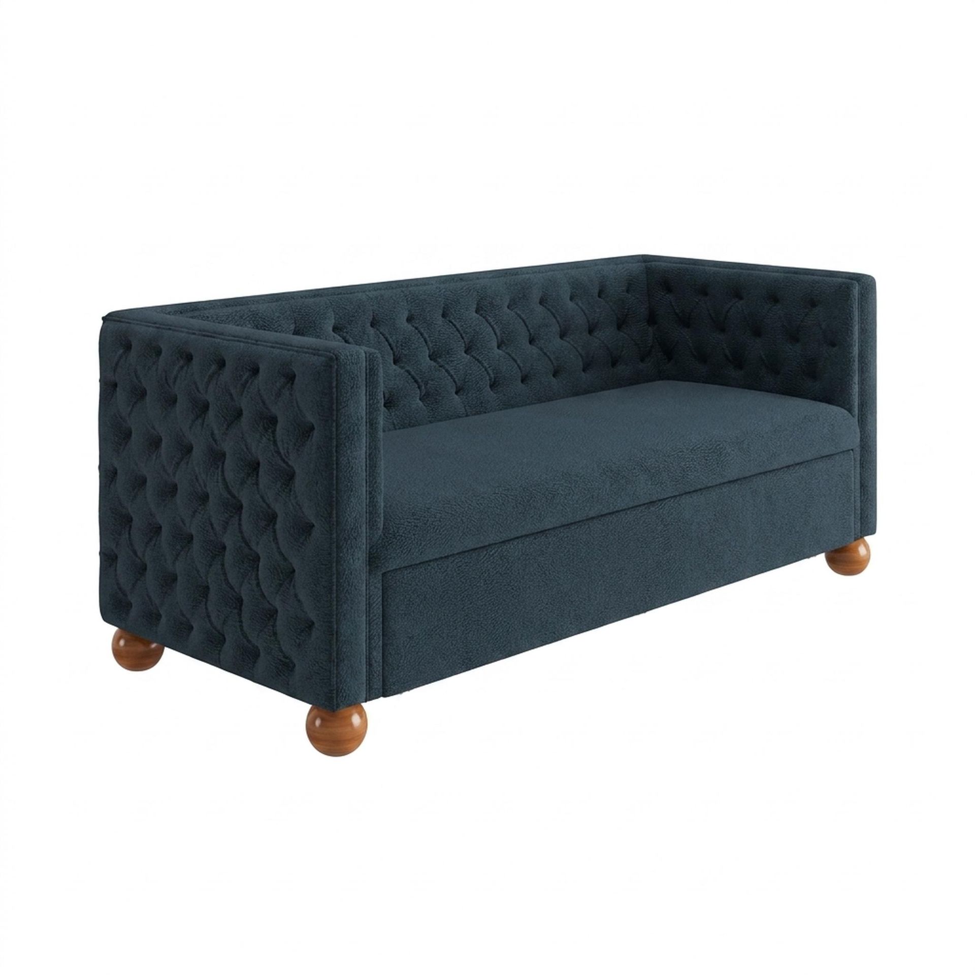Hayden Home Premium Classic Chesterfield Sofa Bed, Warm Cedar Legs, Essential Vintage Blue Upholstery
