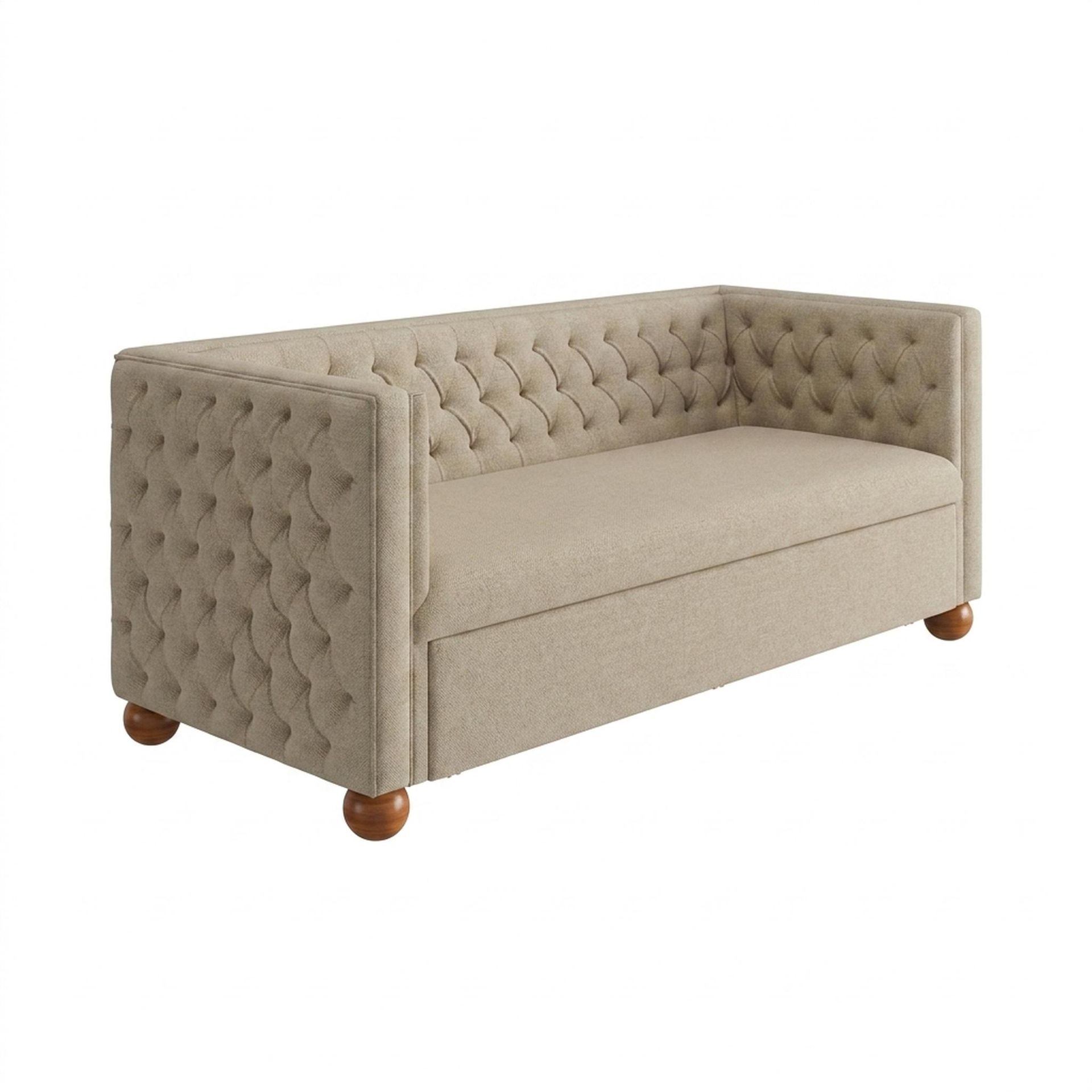 Hayden Home Premium Classic Chesterfield Sofa Bed, Warm Cedar Legs, Premium Alabaster Upholstery