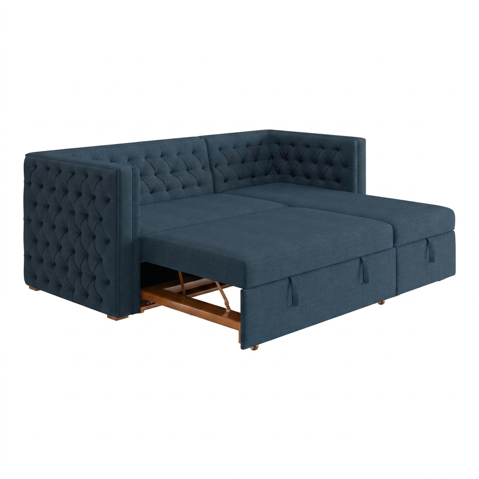 Hayden Home Premium Classic Tufted Sofa Bed, Warm Cedar Legs, Essential Aegean Blue Upholstery