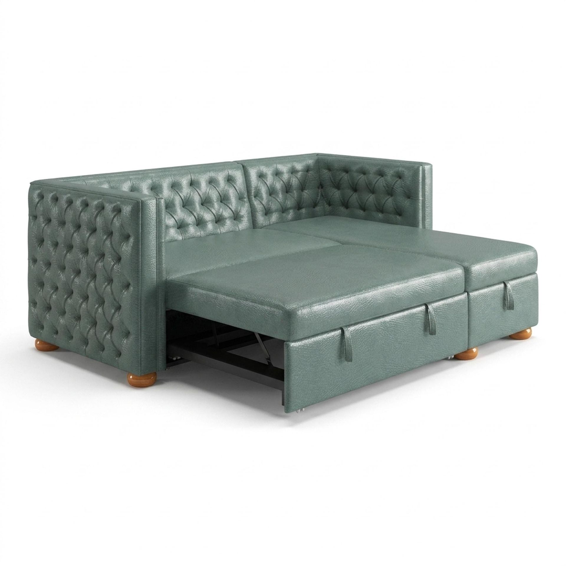 Hayden Home Premium Classic Tufted Sofa Bed, Warm Cedar Legs, Premium Mint Green Upholstery