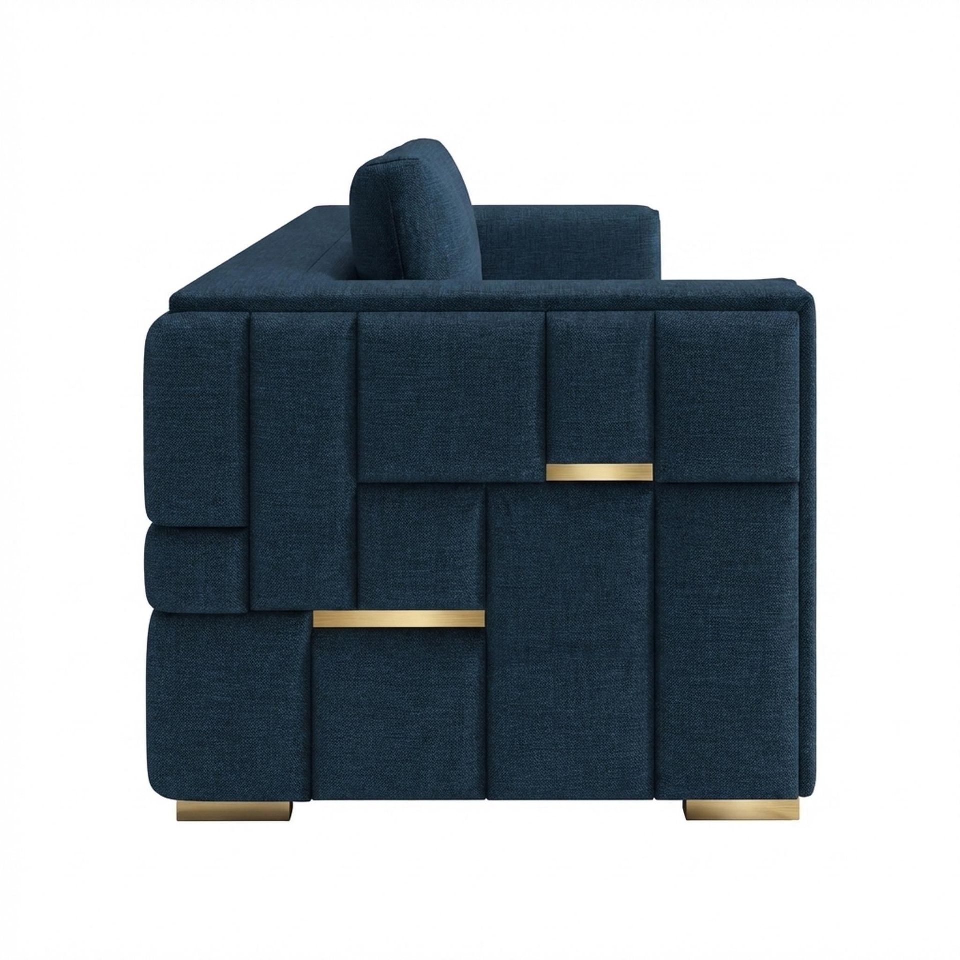 Hayden Home Premium Dubai 3 Seater Sofa, PVD Brushed Gold Leg, Premium Steel Blue Upholstery