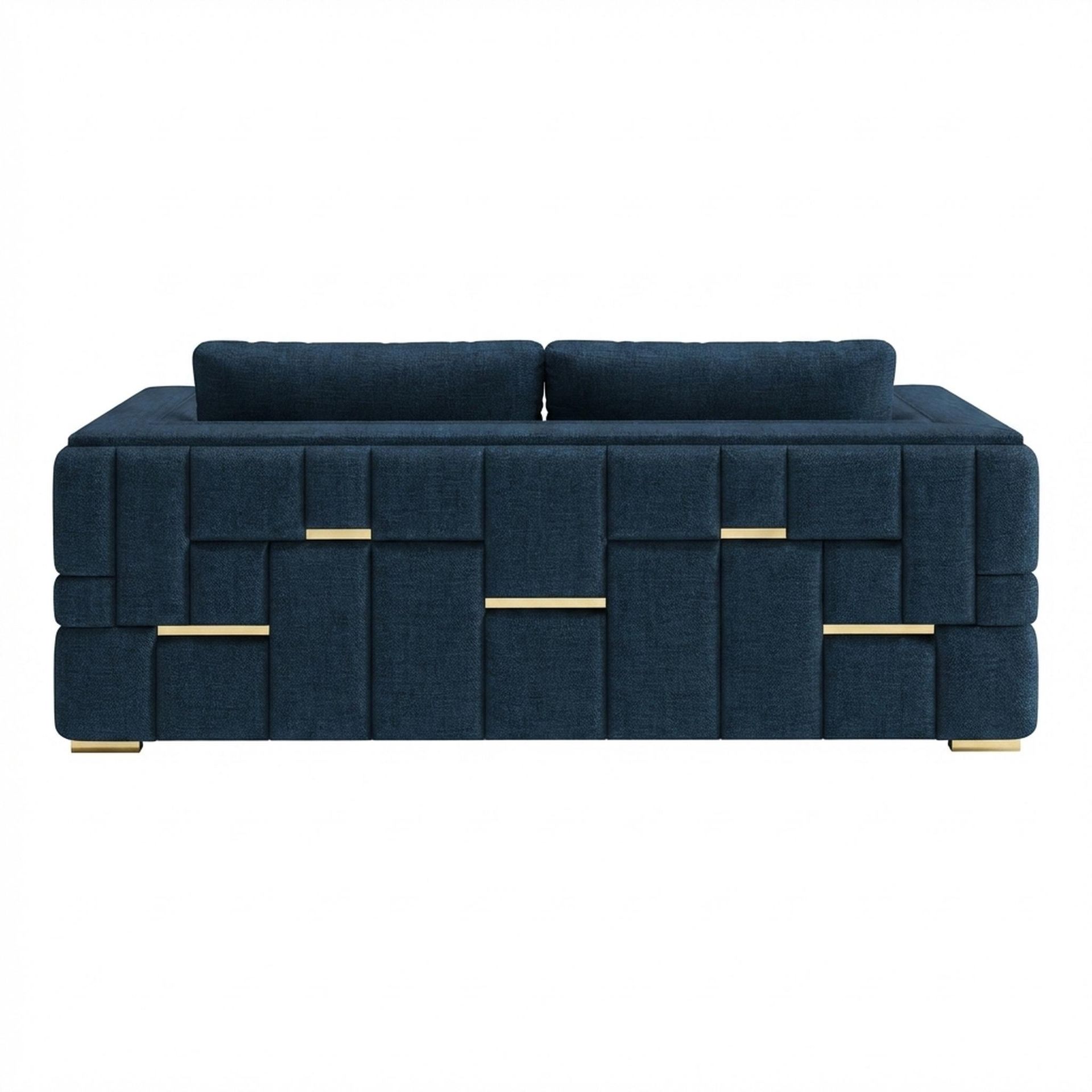 Hayden Home Premium Dubai 3 Seater Sofa, PVD Brushed Gold Leg, Premium Steel Blue Upholstery