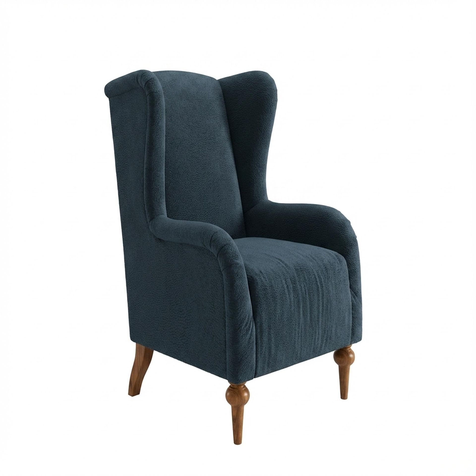 Lydia Accent Chair, Warm Cedar Legs Essential Vintage Blue Upholstery