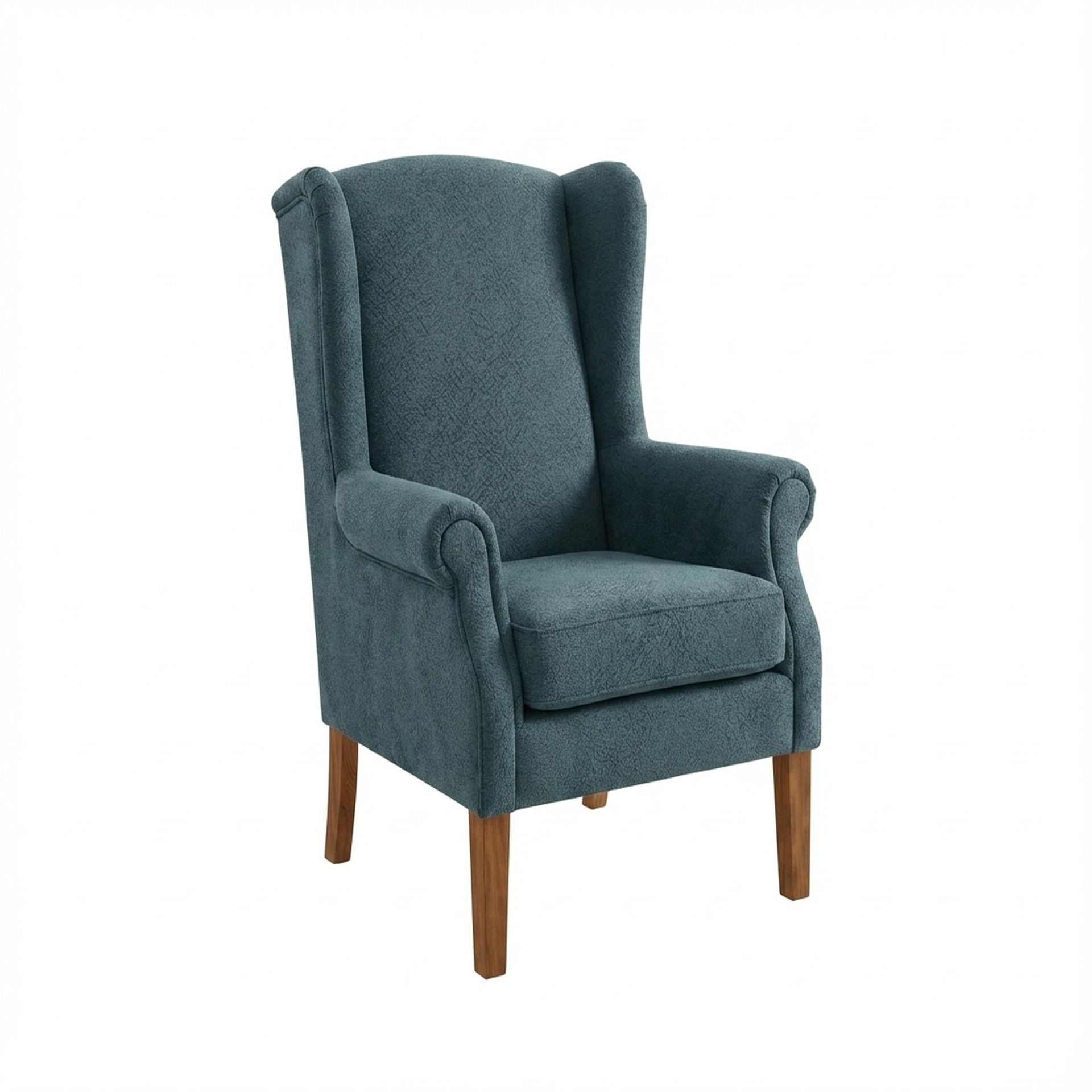 Lydia Accent Chair, Warm Cedar Legs Essential Teal Mist Upholstery