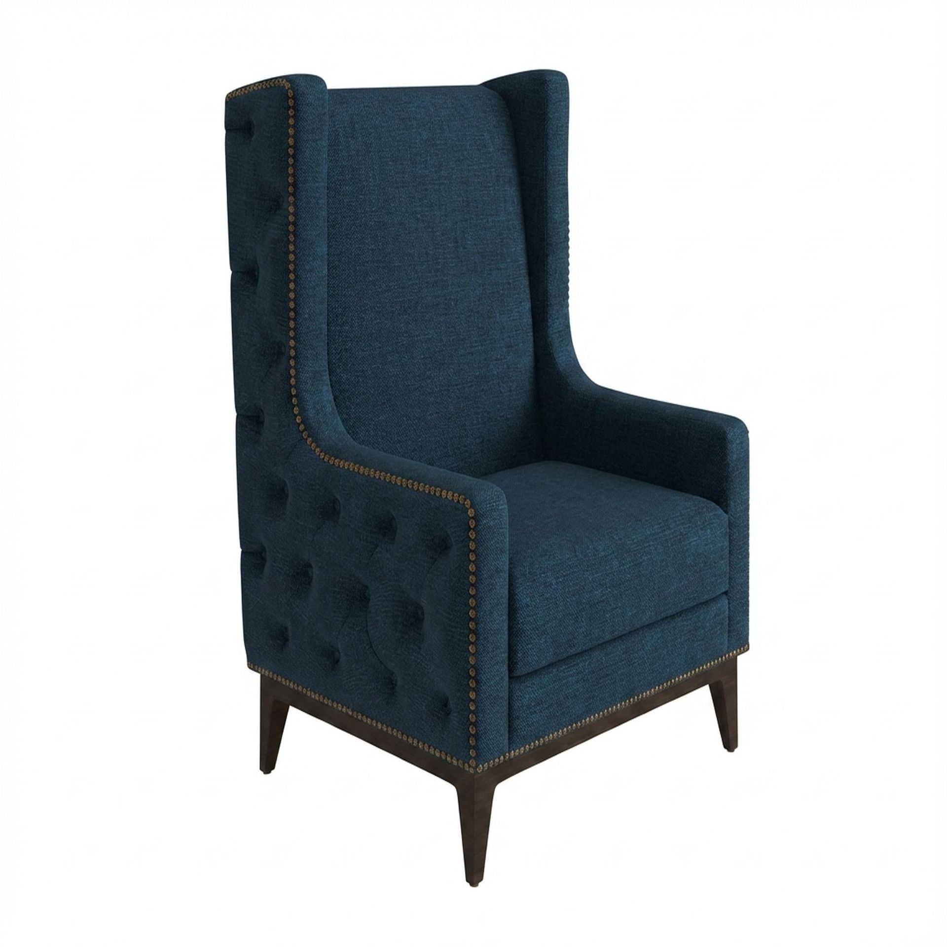 Tasha Tufted Accent Chair, Coco Walnut Legs Premium Steel Blue Upholstery