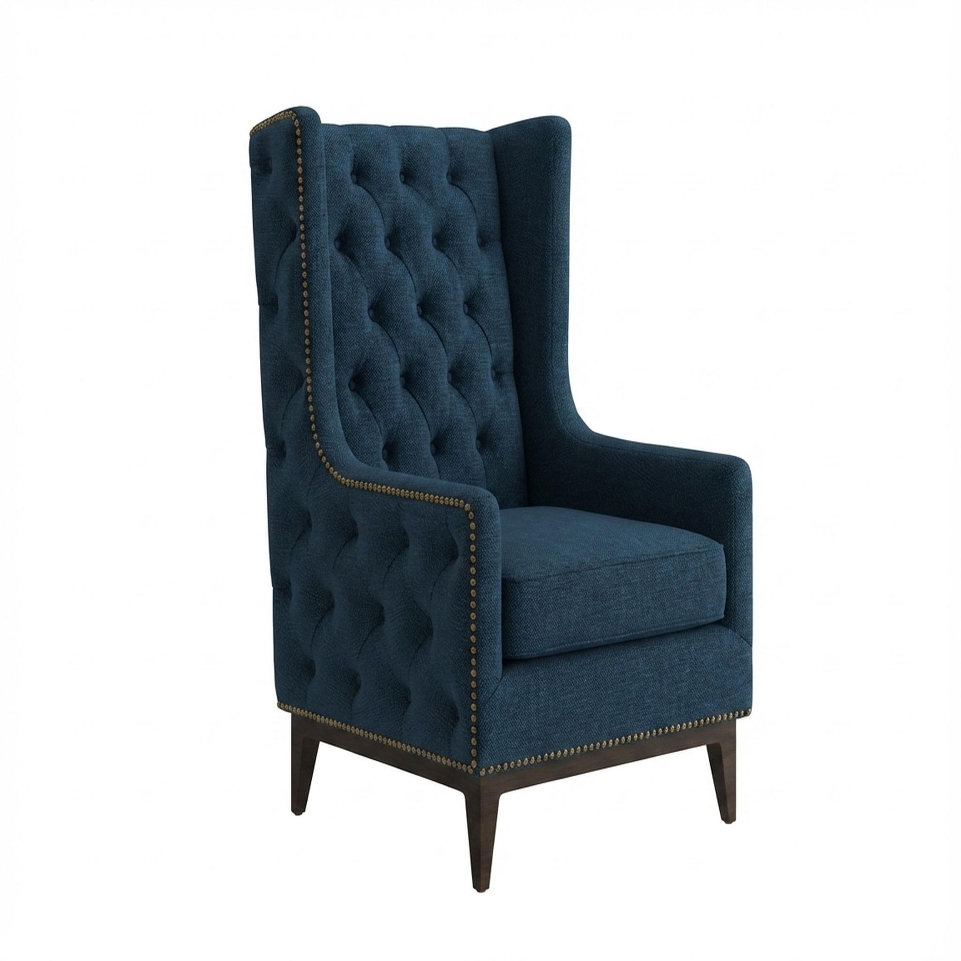 Tasha Tufted Accent Chair, Coco Walnut Legs Premium Steel Blue Upholstery