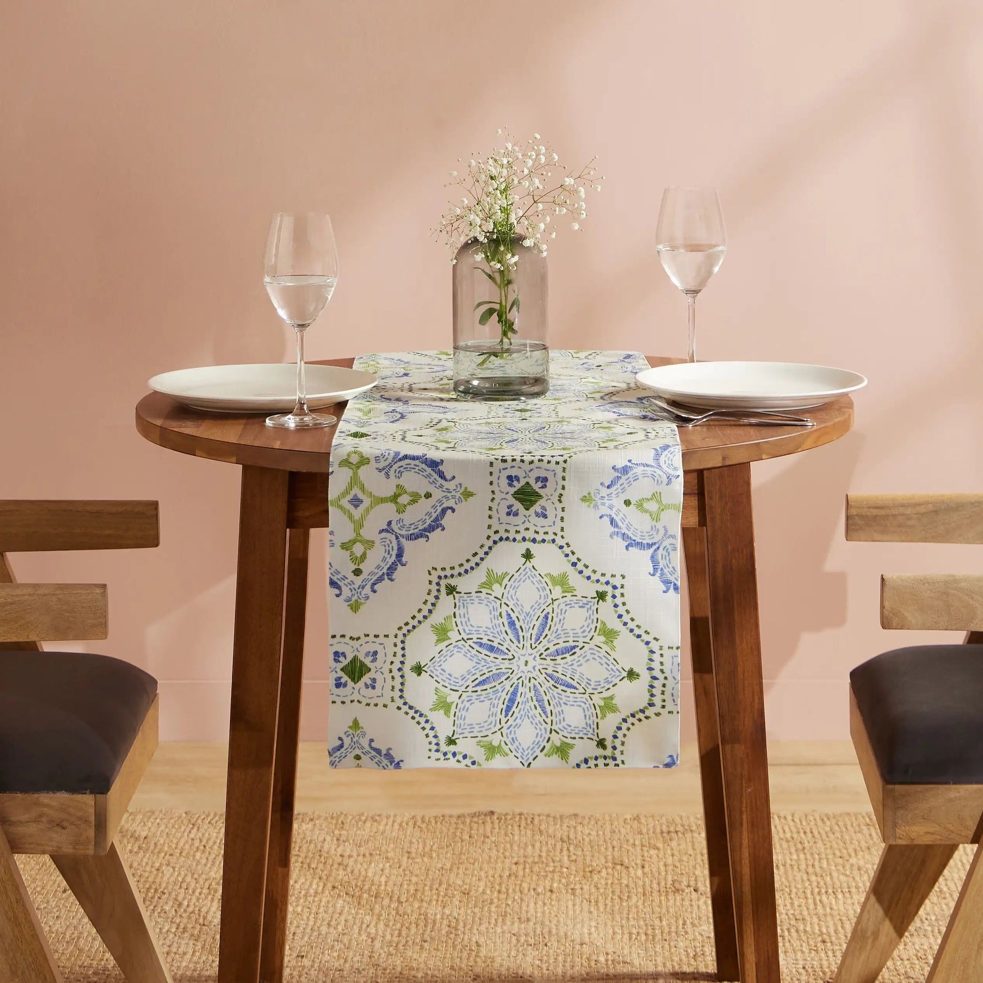 Ethnic 319 GSM 100% Polyester Blue Table Runner | Nonna's Home