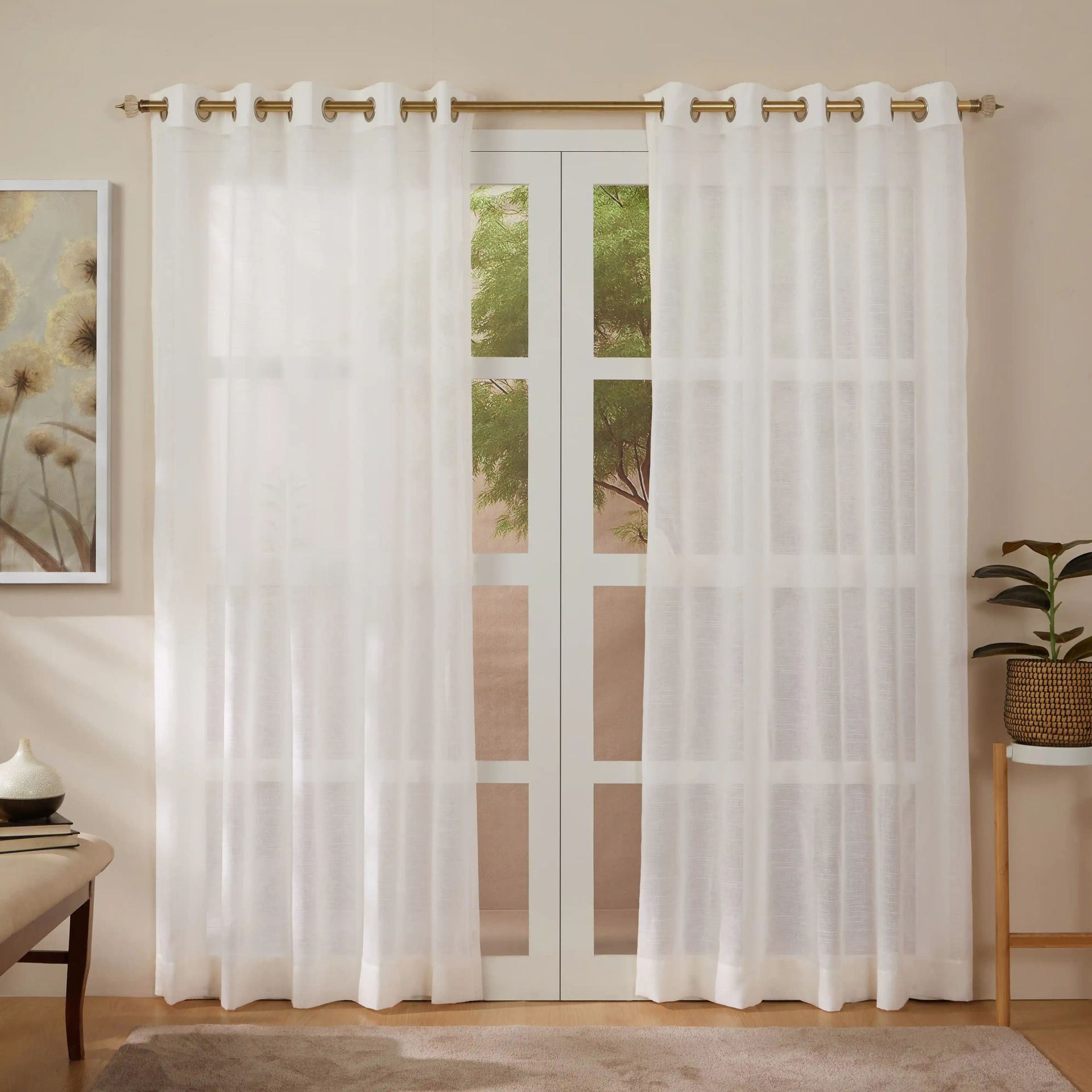 Sheer Polyester Cotton Linen blend Snow Set of 2 Long Door Curtains | Velina