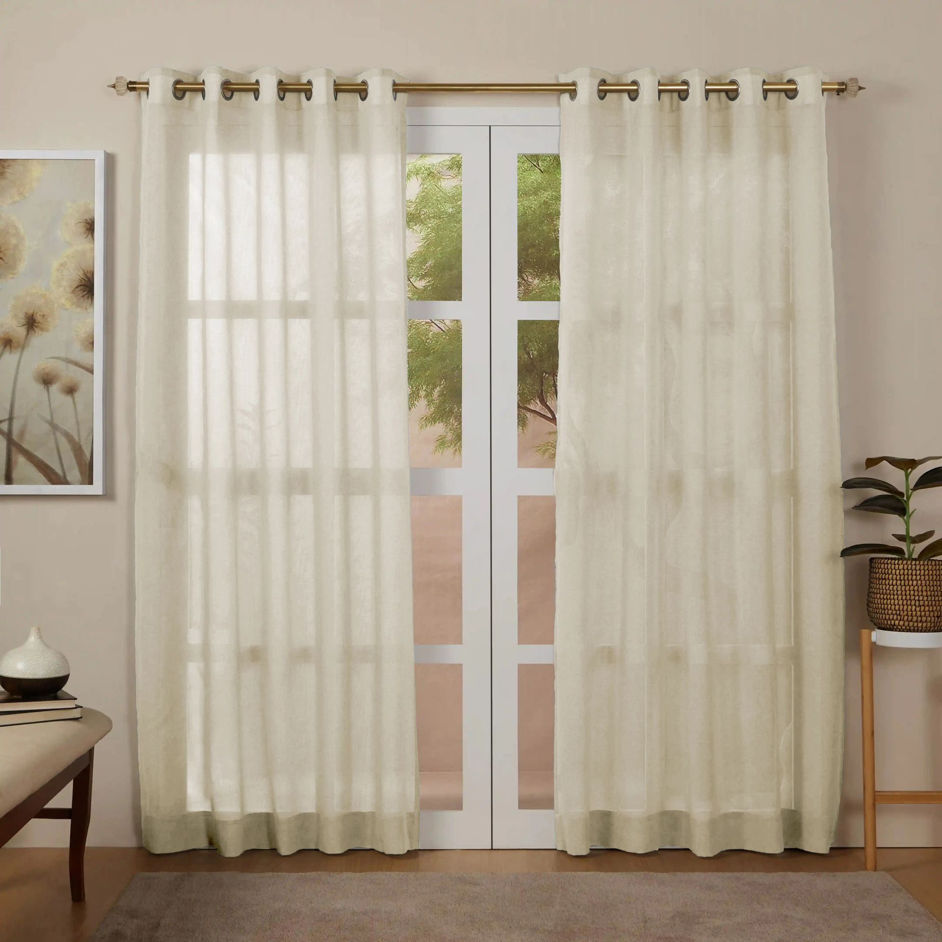 Sheer Cotton Polyester blend Sand Set of 2 Door Curtains | Velina