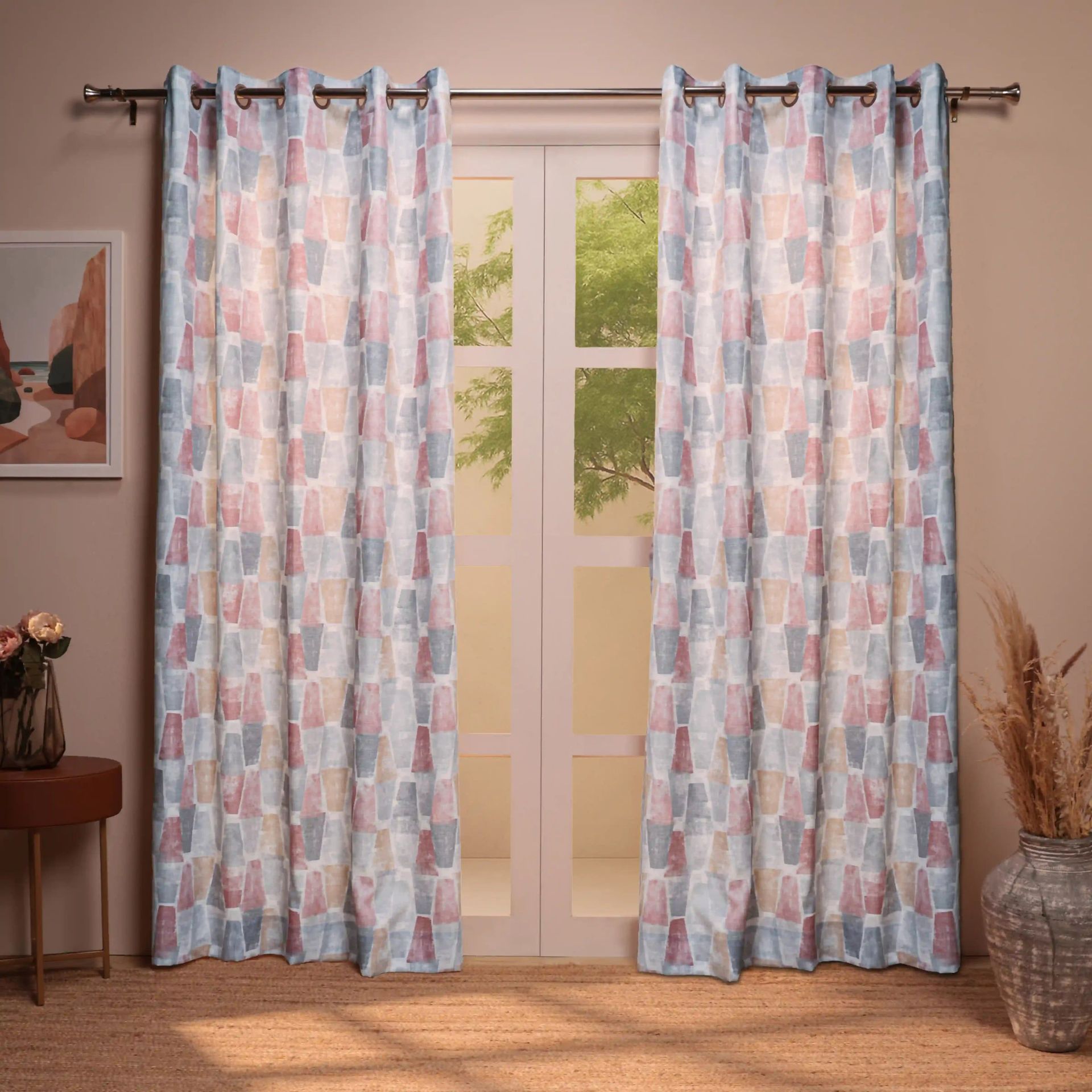 Geometric 100% Polyester Ash Grey Set of 2 Door Curtains | Chippa Lane