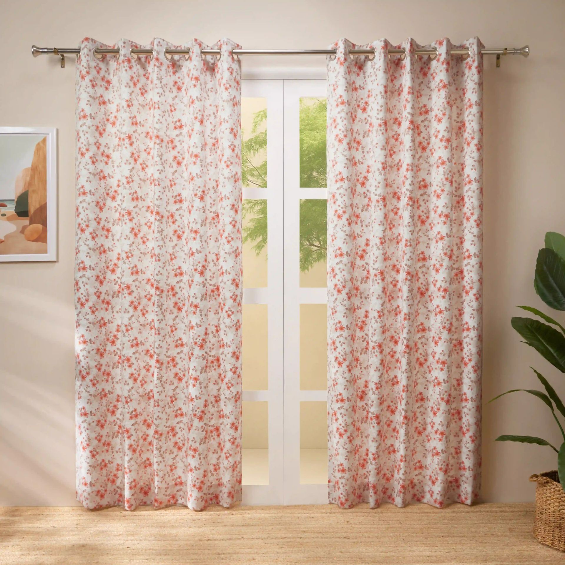 Floral 100% Polyester Burnt Ruby Set of 2 Door Curtains | Bloomshire Classic