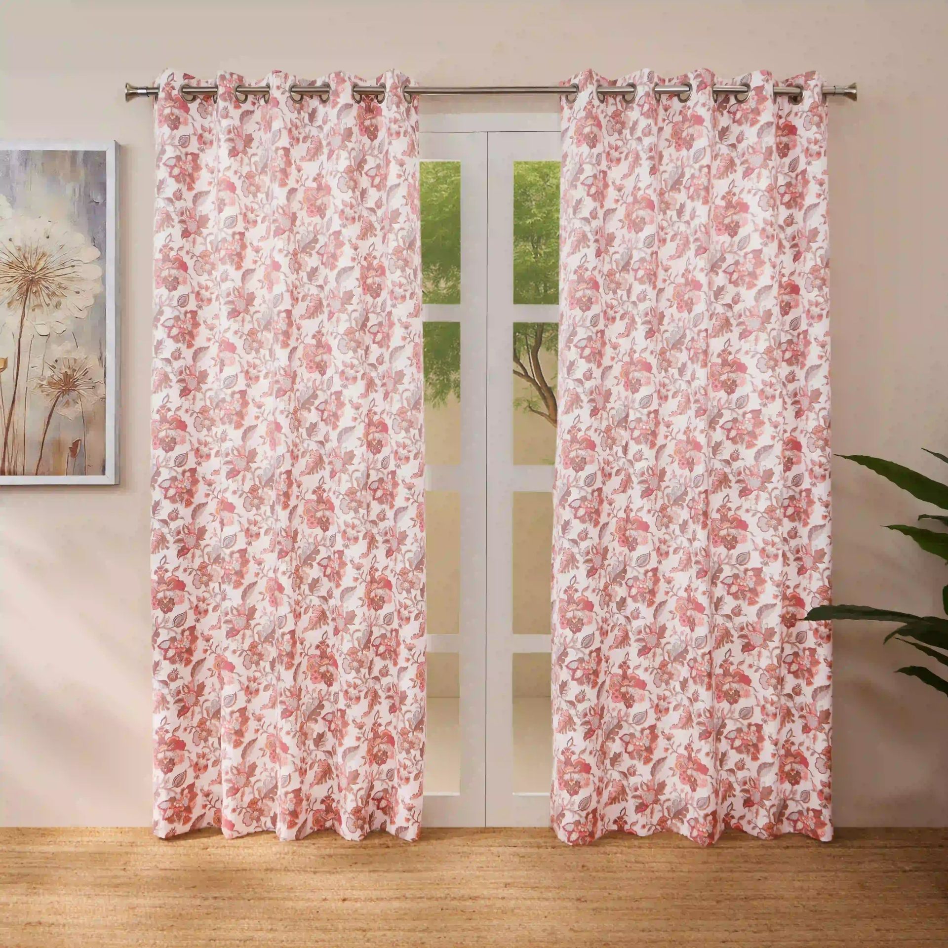 Floral 100% Polyester Salmon Set of 2 Long Door Curtains | Bloomshire Classic