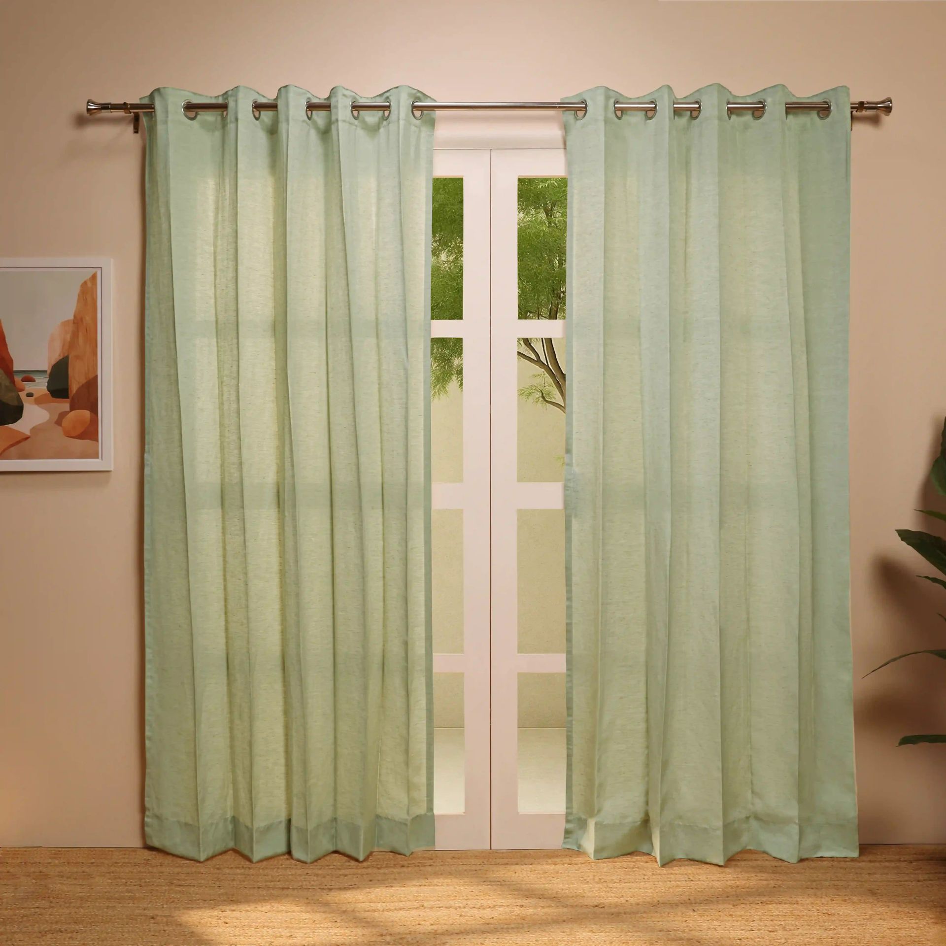 Solid Dyed Linen Cotton Polyester blend Green Tea Set of 2 Door Curtains | Paleto