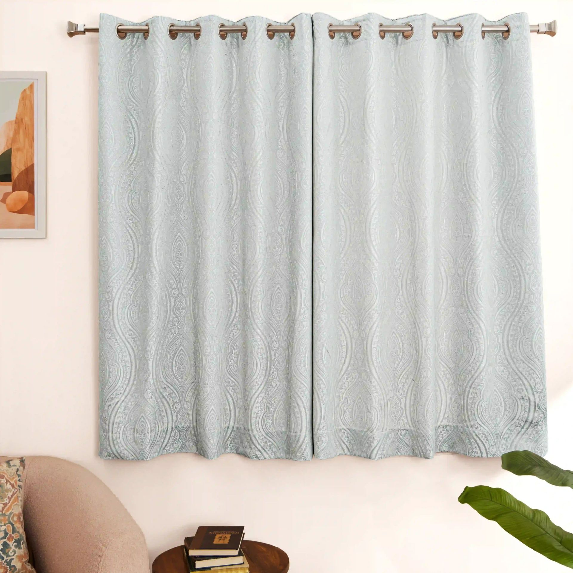 Jacquard Polyester Cotton blend Silver Set of 2 Window Curtains | De Jacquard Luxe