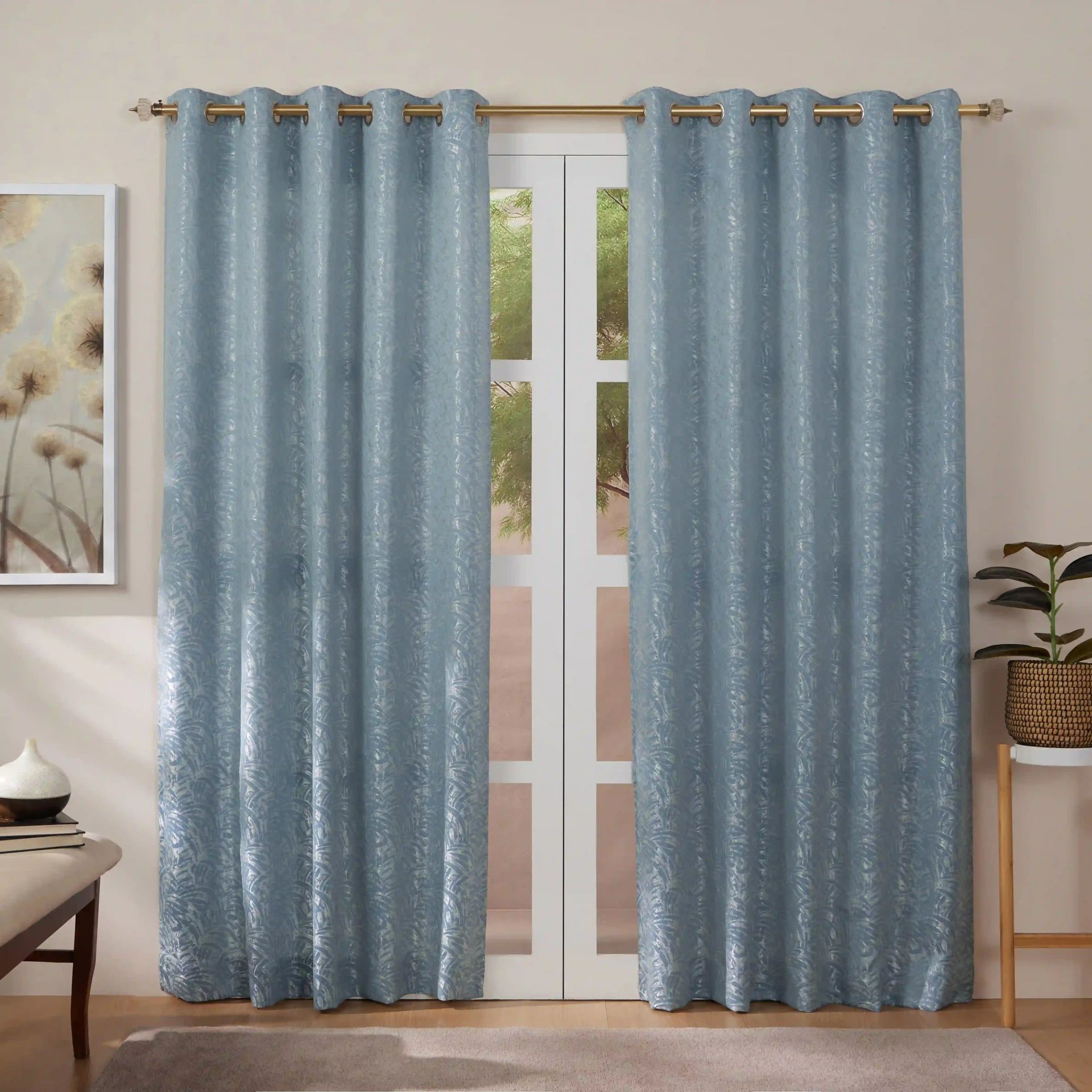 Jacquard Polyester Cotton blend Blue Dust Set of 2 Door Curtains | De Jacquard Luxe